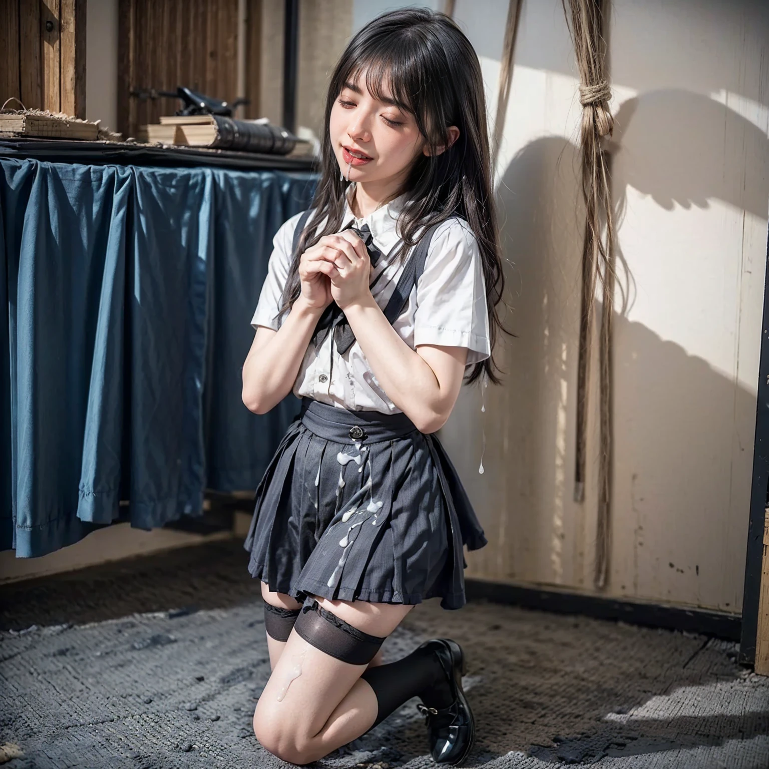girl dressed as a waitress with a semi-transparent skirt and chained to the wall, with her underwear visible, while she pisses on herself