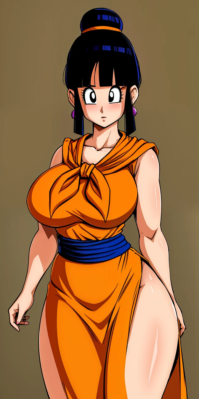 chichi_dbz, standing, solo, ((large_breasts)), Purple_Dress_Orange_Neckerchief, masterpiece, best quality, detailed face, detailed eyes, highres,