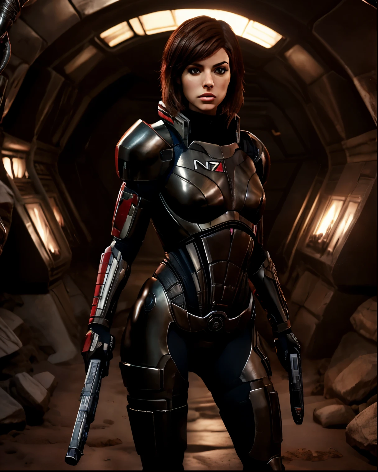 a woman, brown hair, in n7armor, holding a weapon in the xenomorph's lair, artstation, hdr, epic realistic, highly detailed