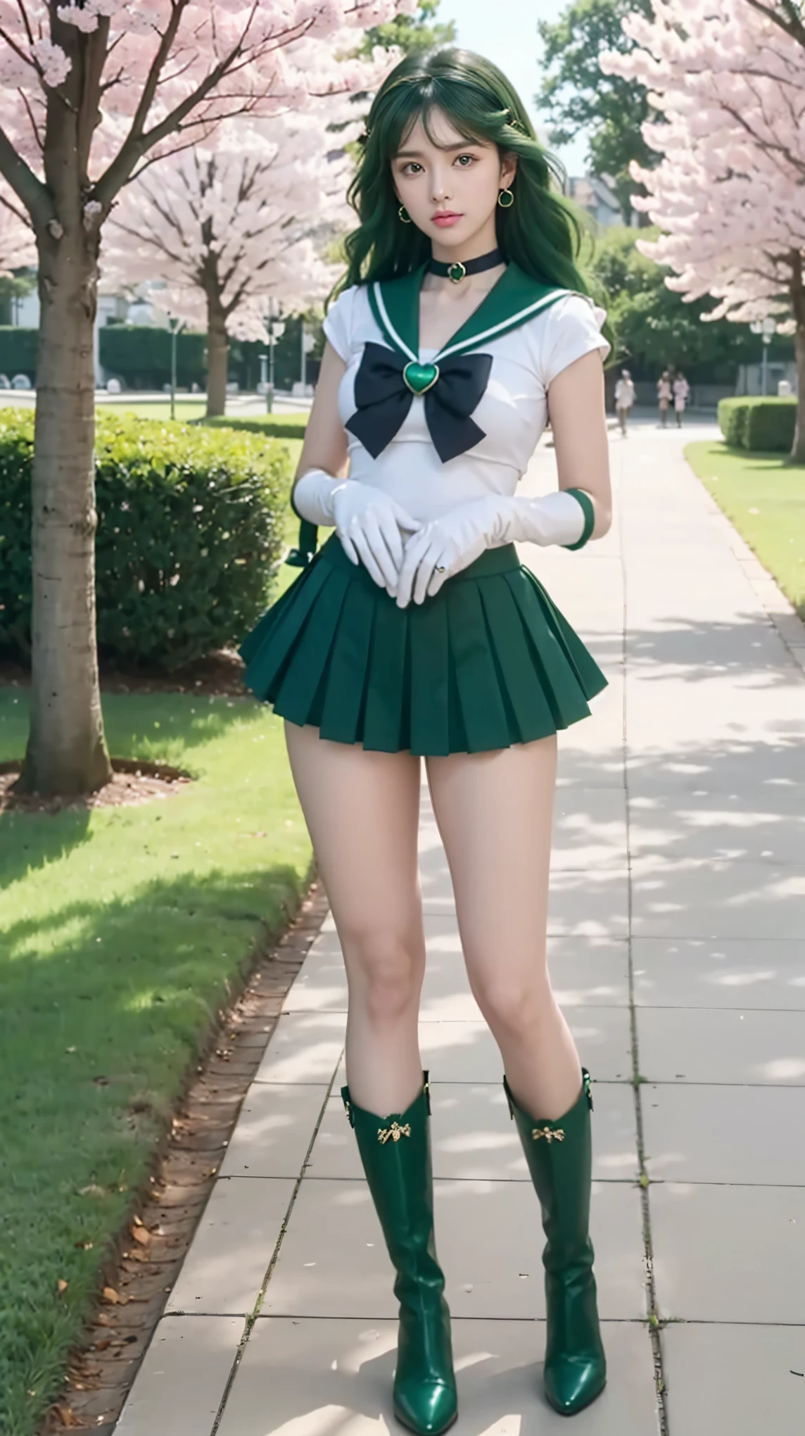 zPDXLrl, score_9, score_8_up, score_7_up, explicit rating, masterpiece, best quality, ultra HD quality details, realistic, 1girl, Sailor Neptune (セーラーネプチューン, Sērā Nepuchūn), Michiru Kaiou, big breasts, firm breasts, big buttocks and hips, big thighs, long hair, wavy hair, hair accessories, green hair, parted bangs, green eyes, ribbon, brooch, choker necklace, earrings, elbow gloves, gloves, heart brooch, green brooch, magical girl, dark blue ribbon, green choker necklace, sailor collar, green skirt, pleated skirt, green sailor collar, sailor senshi uniform, skirt, stud earrings, rok super mini, white gloves, boots, green boots, full body, long shot, in the park, park path, cherry blossom trees ((on both sides of the path)), round breasts, bright, ((green underwear)),