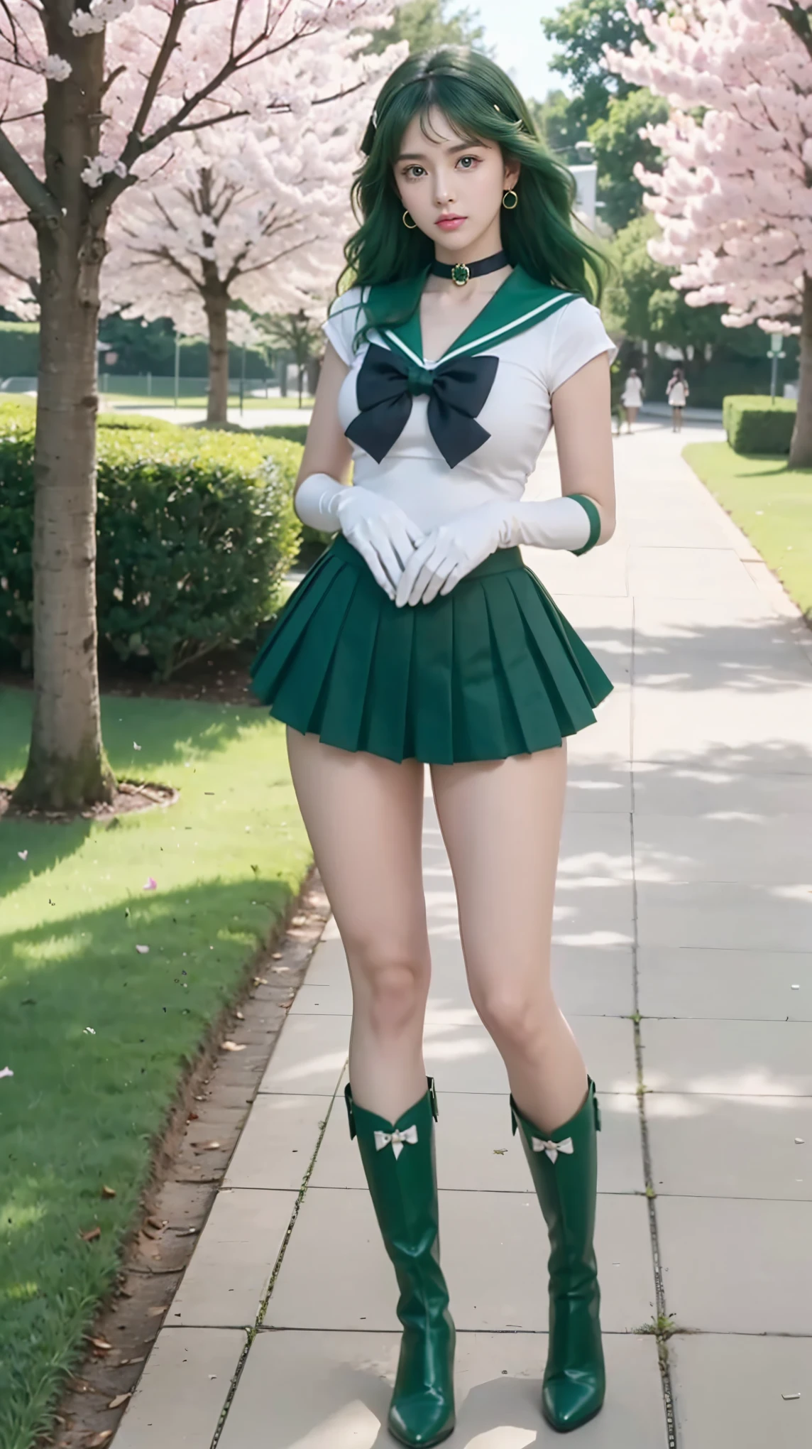 zPDXLrl, score_9, score_8_up, score_7_up, explicit rating, masterpiece, best quality, ultra HD quality details, realistic, 1girl, Sailor Neptune (セーラーネプチューン, Sērā Nepuchūn), Michiru Kaiou, big breasts, firm breasts, big buttocks and hips, big thighs, long hair, wavy hair, hair accessories, green hair, parted bangs, green eyes, ribbon, brooch, choker necklace, earrings, elbow gloves, gloves, heart brooch, green brooch, magical girl, dark blue ribbon, green choker necklace, sailor collar, green skirt, pleated skirt, green sailor collar, sailor senshi uniform, skirt, stud earrings, rok super mini, white gloves, boots, green boots, full body, long shot, in the park, park path, cherry blossom trees ((on both sides of the path)), round breasts, bright, ((green underwear)),