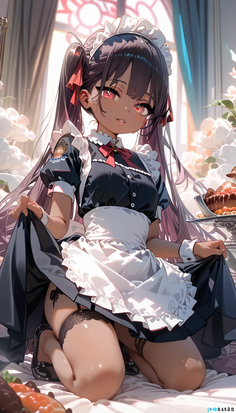 highest quality、masterpiece、((1 girl:1.5))、((smile:1.3))、(blush:1.4)、Black Shirt、blouse、((fun!!))、(Small breasts)、(Pink)、Blonde、(Long sleeve)、((White apron:1.5))、((Maid))、((hair ornaments)),、Kamimei、look at me、 ((in house:1.5))、 Taking a break from watching the audience、Cowboy Shot、((Shaved:1.5))、(Roll-up skirt:1.3)、(Fully exposed and highly detailed labia:1.5)、((Skirt lift:1.5)),()、()、、(スカート that rolls up:1.3)、()、Light blue eyes、long hair、Glowing Eyes