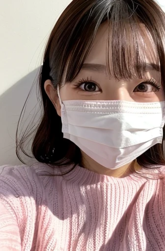 cute masked japanese girl with bang hair putting on surgical mask for viewer. Photo realism