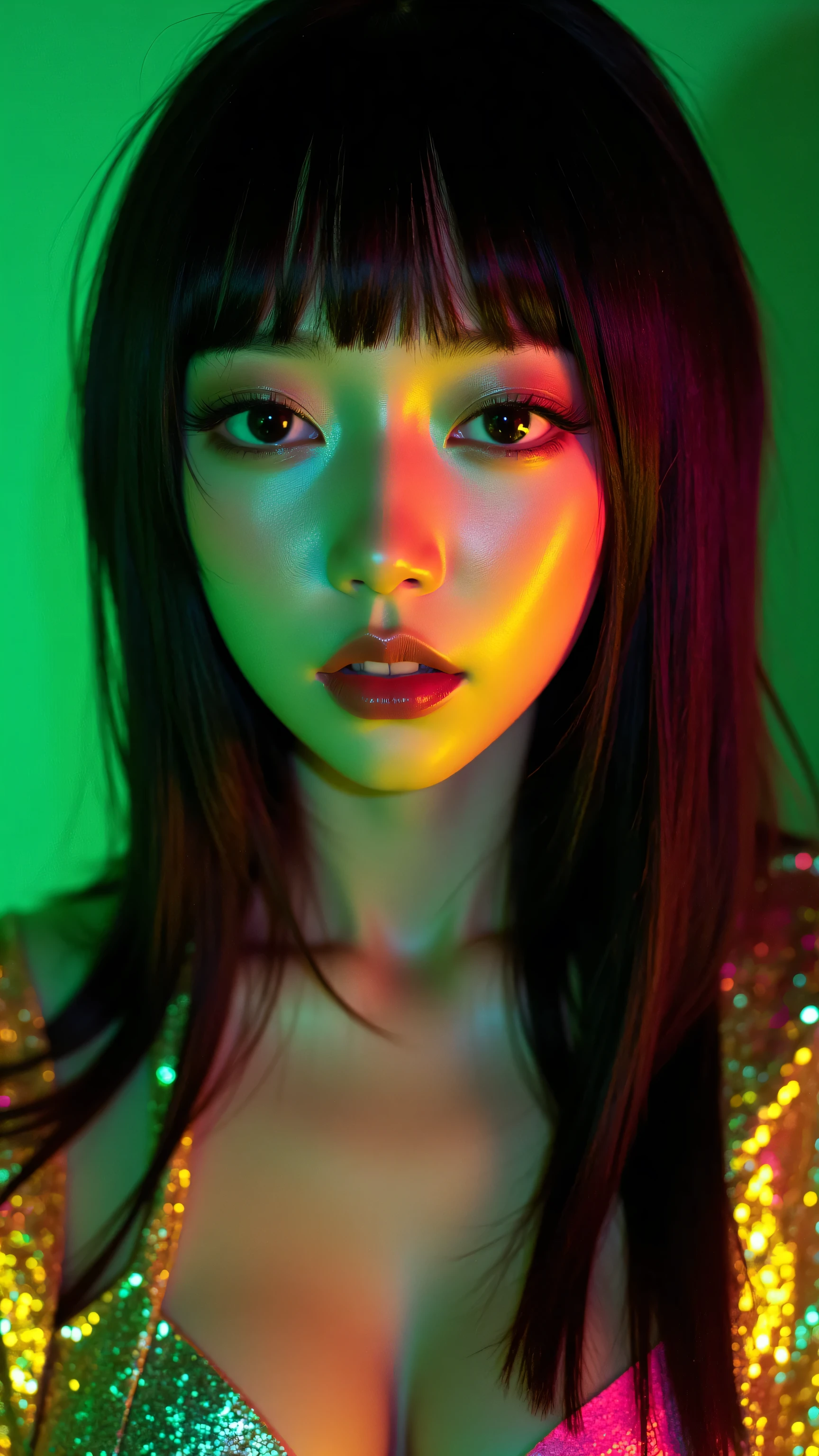 80’s glam rock makeup on shiny face, asian girl, anime, 2.5D, moody lighting, (green, pink, gold), pretty, sexy, minimal, sleek, slender, asian, elegant, futuristic, retro, sophisticated half human half machine, Kizi，(eyes looking off to side), Highly detailed, Amazing work，Vitreous luster, blues, yellows, Best quality at best，shiny skin, no background, colorful background, green background, pink background, gold, background, plunging neckline, sexy pose, dynamic pose, heavy blushing, huge breasts, colorful, color splash, neon colors, colorful background, abstract background, ethereal, glitter, 