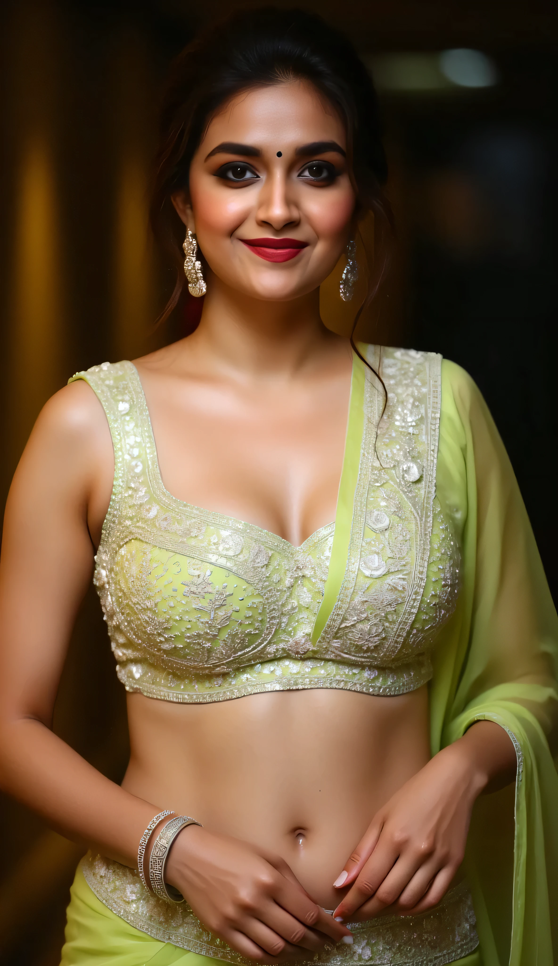 (masterpiece, best quality:1.2), 1girl, solo, (showing her belly and navel), bare shoulders, breasts,cleavage, sexy long waist, brown hair, saree, cleavage, jewelry, large breasts, lips, lipstick, photorealistic, detailed facial features, ethereal lighting, dramatic shadows, vibrant colors, cinematic composition,sexy hip amd waist