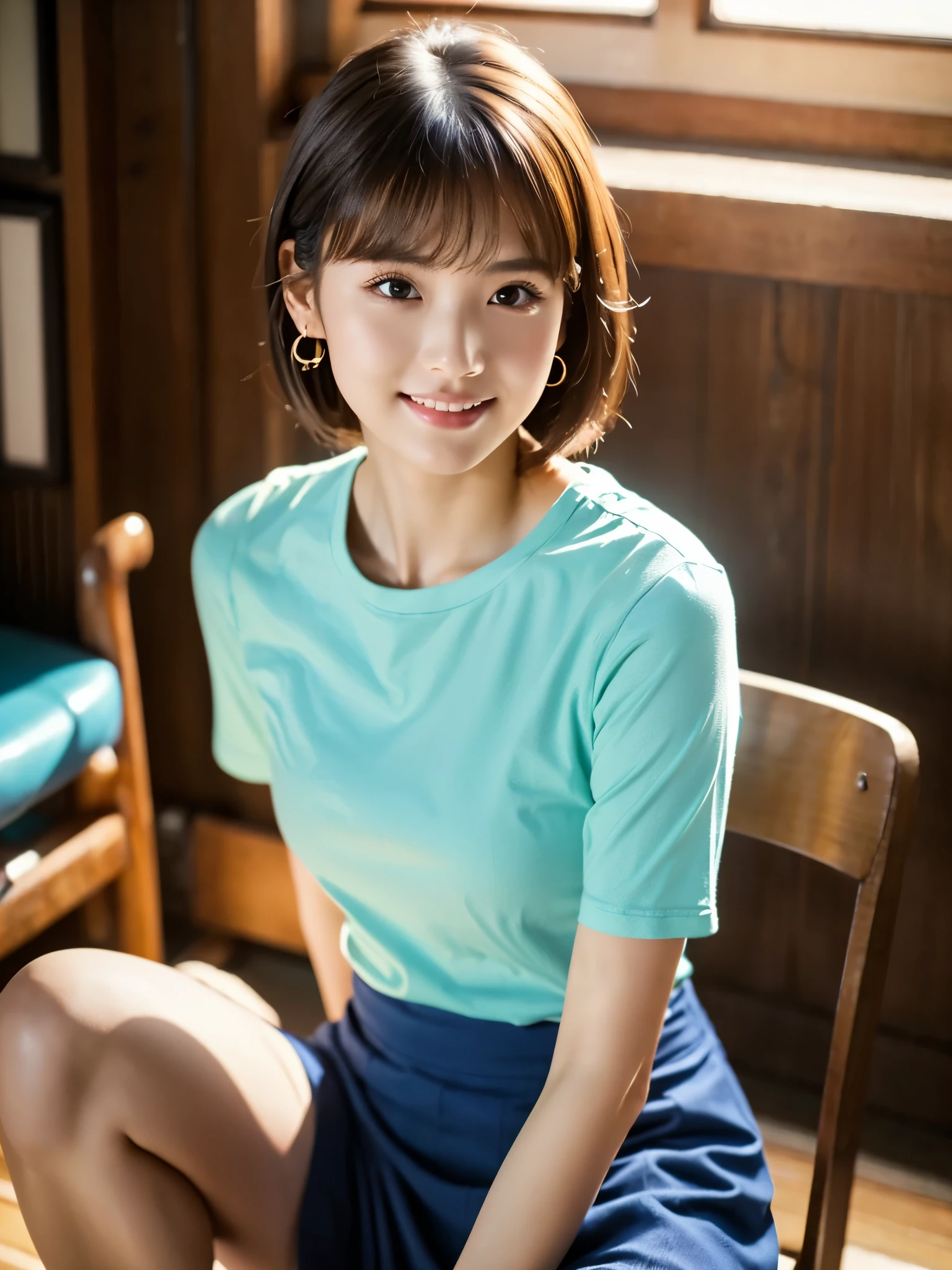 (8K、Raw photography、top-quality、masuter piece:1.2)、ultra-detailliert、ultra res、(realisitic、rialistic photo:1.37)、portlate、high-definition RAW color photography、Professional Photography、highly detailed and beautiful、ighly detailed、8K Picture Wallpaper、amazing detailed、huge filesize、Official art、Highly detailed CG Unity 8K wallpapers、highly detailed beautiful girl、extra detailed face、extremely detailed eye、highlydetailed skin、extremely detailed fingers、highly detailed nose、very detailed detailed mouth、Perfect Anatomy、highly detailed back ground、Highly detailed clothing、女の子 1 人、(18:1.2)、Teen、Cute little girl s、famous Japan idol、cute little、Realistic body、小柄、de pele branca、glistning skin、Slim body、Handsome body、brown haired、short constricted curly hair、(Blunt bangs:1.2)、A smile、kawaii、zora々Right、kawaii faces、Lifelike face、Delicat eyes、Sauce order、White T-shirt、skirt by the、耳Nipple Ring、Looking at the camera、cowboy shot、front facing、Standing、Contrapo, high street, public, 动态照明,short-hair、bobhair、shorth hair