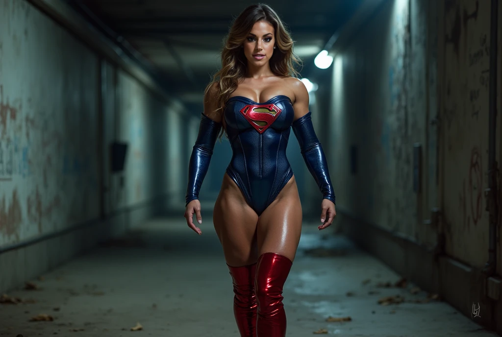 Mulher jivem, bonita, rosto perfeito, mulher americana, magra,pele clara, cabelos loiros, cabelos curtos, franja cobrindo a testa, rosto perfeito, olhos expressivos, seios grandes, cintura estreita, abdome definido, coxas grossas, pernas bonitas, pernas expostas, pernas nuas, usando top de latex, top com S de Superman no peito, S bem desenhado, cosplay sexy de Supergirlroupas curtas, saia curta, pernas a mostras, ankle boots de salto alto, ambiente urbano, ambiente claro, luz do dia, mulher bem iluminada