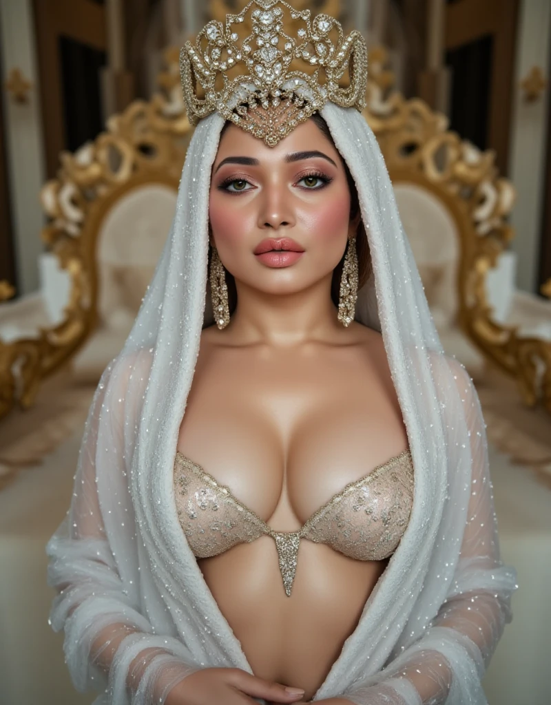 Naked Silver Queen, beautiful breasts, Silver body, Silver areola, visible , legs, sitting on the royal Silver throne in interior hall of an enchanting ancient Indian royal palace, adorned in an exquisite Silver jewellery Walls decorated with by a Royal Interior relief sculptures of Kamasutra, emitting an alluring and magical aura, high quality, high detailed face. High detailed face.