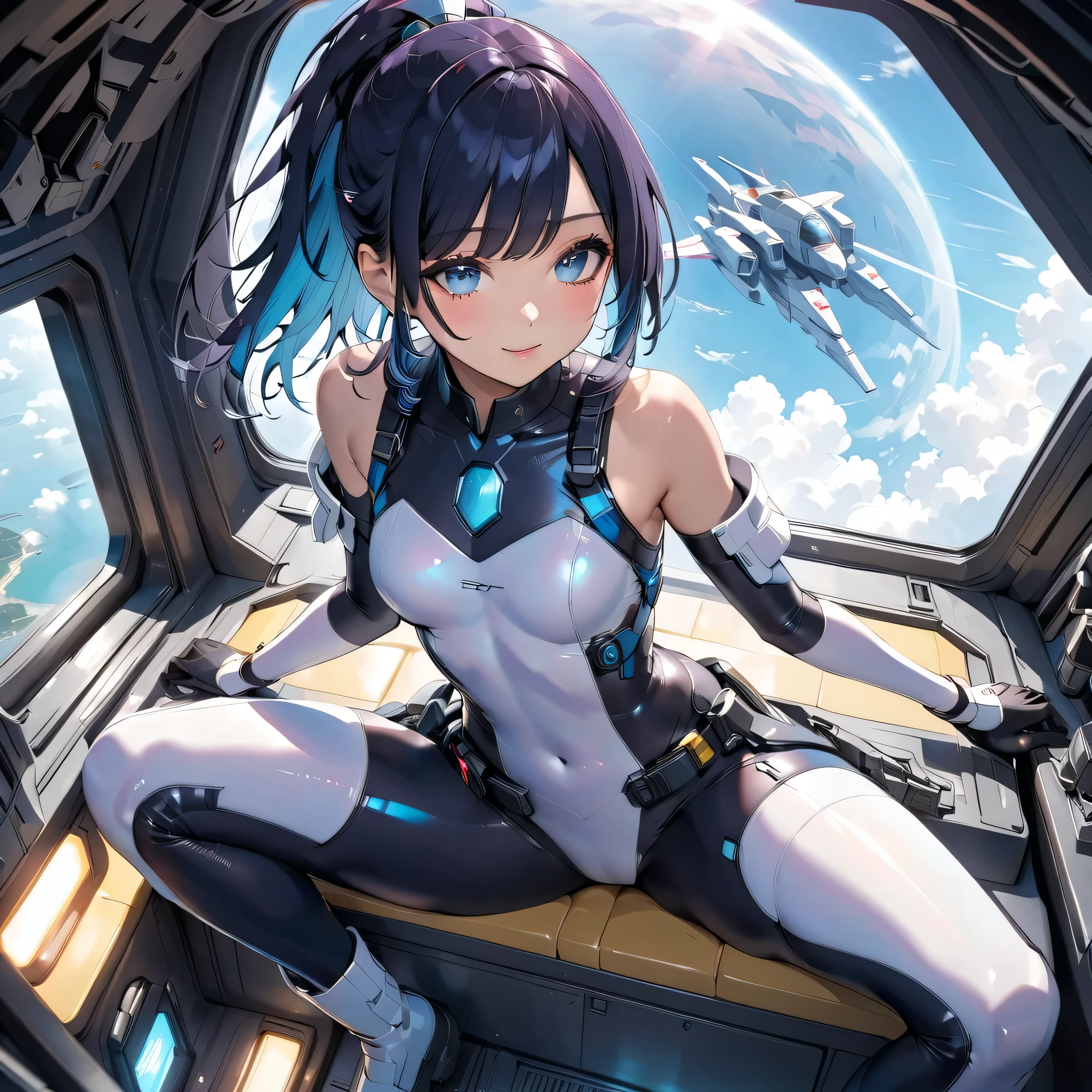 cyber girl in space, white and black body suit, sci-fi, perfect body, bare legs, dark hair, smiling, beautiful eyes, detailed, masterpiece, high res, high quality, planets, stars