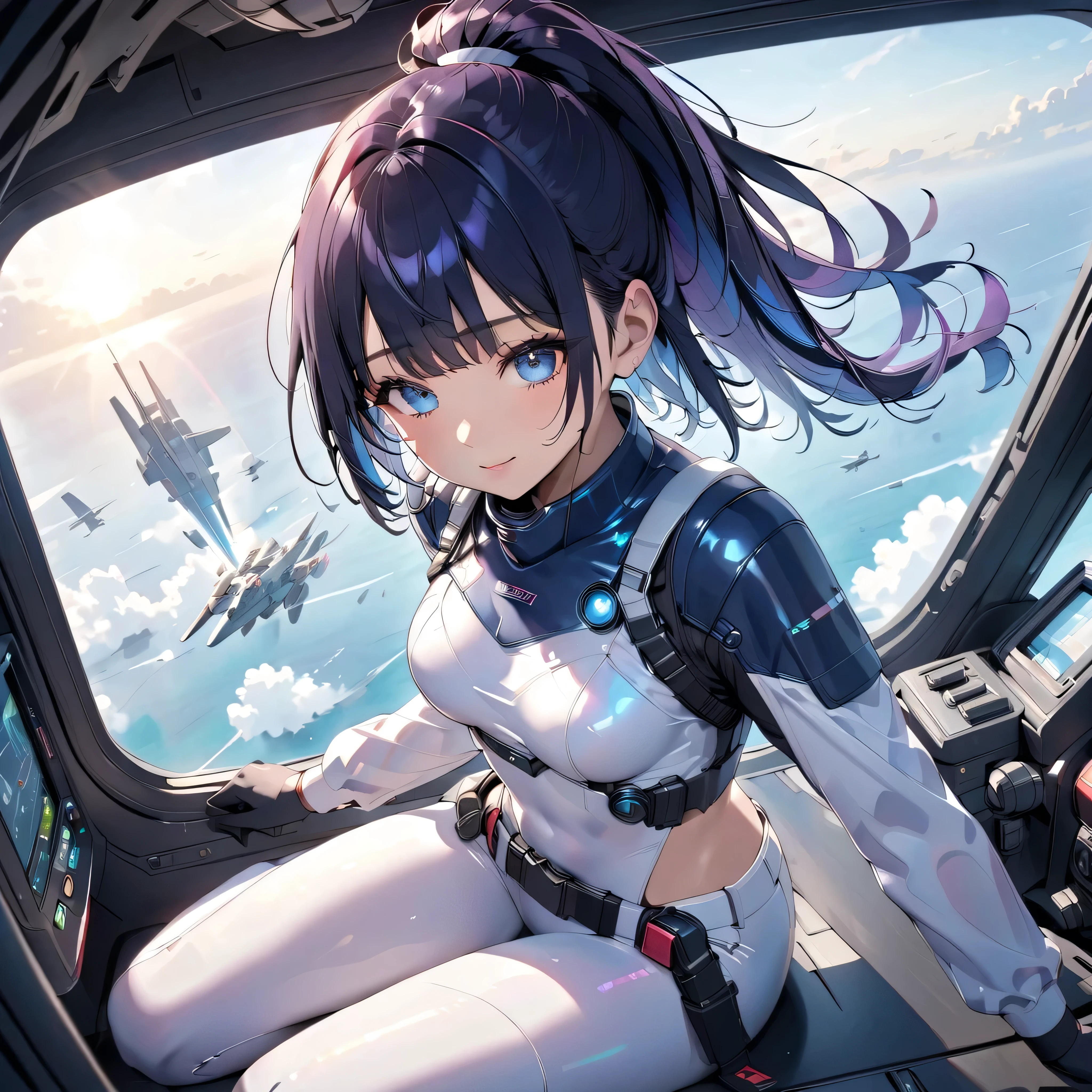 (highest resolution, distinct_image), best quality, masterpiece, highly detailed, semi realistic, a woman with short black hair, black eyes, mature woman, triple bangs, white and blue flight suits, tight fitting clothes, full body clothing, beauty, spacecraft, piloting spacecraft, in flight