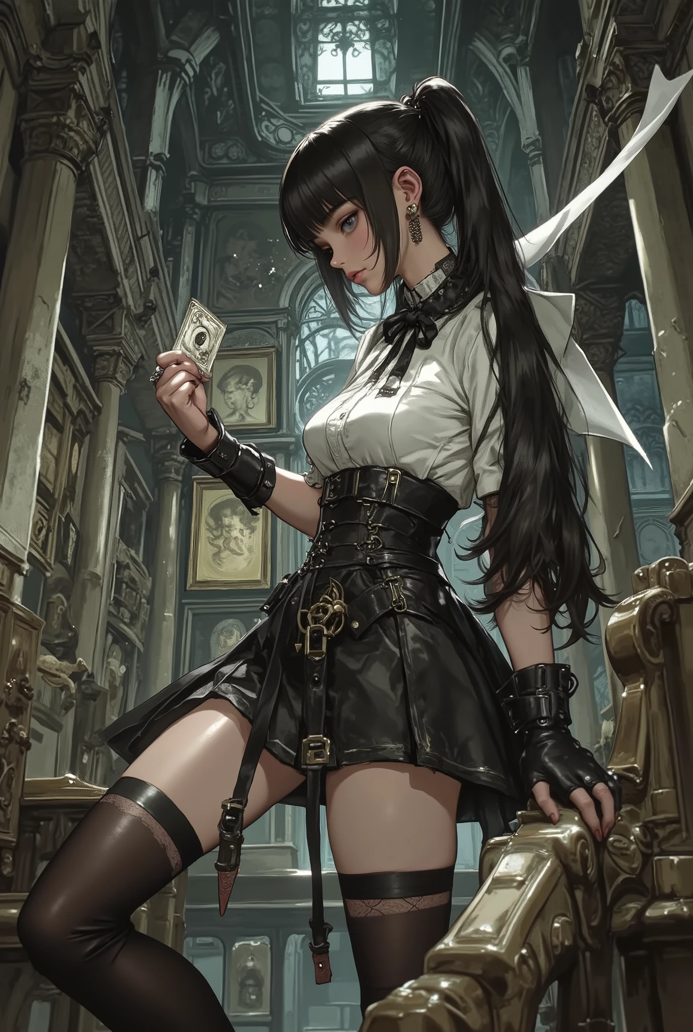 profile、、hand, perfect hand、woman holding card、 perfect anatomy、Alone , 1girl ,Gothic magical girl in miniskirt and evil spirit fighting in museum, , sweat, evil spirit, dynamic composition, active angle, low angle、 beautiful thighs、 white blouse、 ponytail、Combat Stance、 garter belt、Gothic shorts in a skirt 、 fingerless gloves,stable_Yogis_Animetoon _Negatives stable_Yogis_Animetoon _Negatives-neg ,Museum objects, evil spirits、