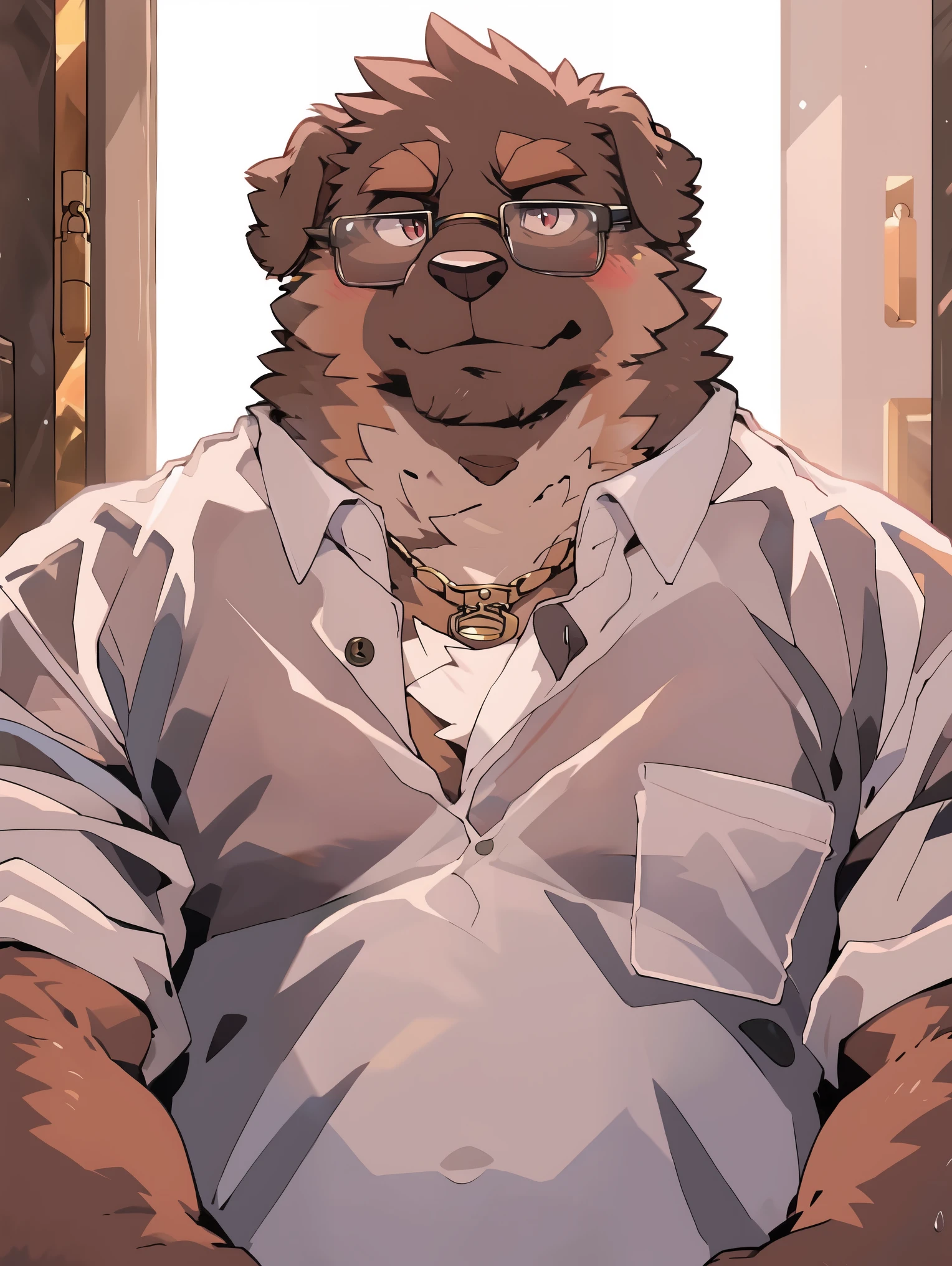 unique , Perfect wine red eyes, Bernese Mountain Dog, ( artist :takemoto arashi), Mature face, Elders, ((Wear a translucent shirt:1.5)), (( Unlock all the buttons )), (Wearing gold-rimmed glasses), Wear a animal tooth necklace , ((Chubby)), full-face blush, Introversion, Homebody, cozy atmosphere , shy, illustration style , perspective, out of frame, high quality, perfect hands, detailed body, , a close-up of the upper body , Show the belly to the camera