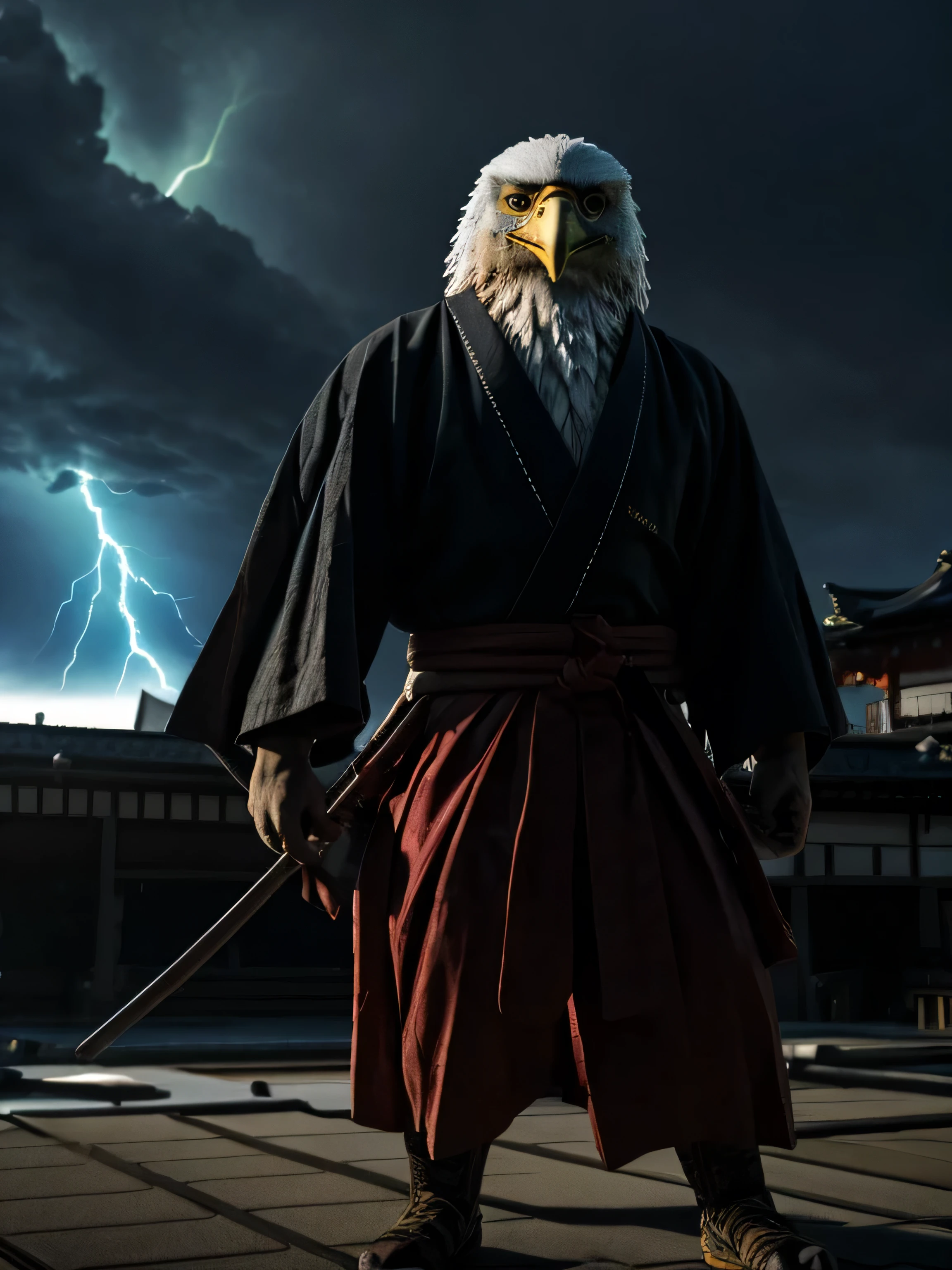 photorealistic, medium shot : an antropomorphic Eagle, Samurai Style, in Japan. cinematic color grading, dramatic lightning,
