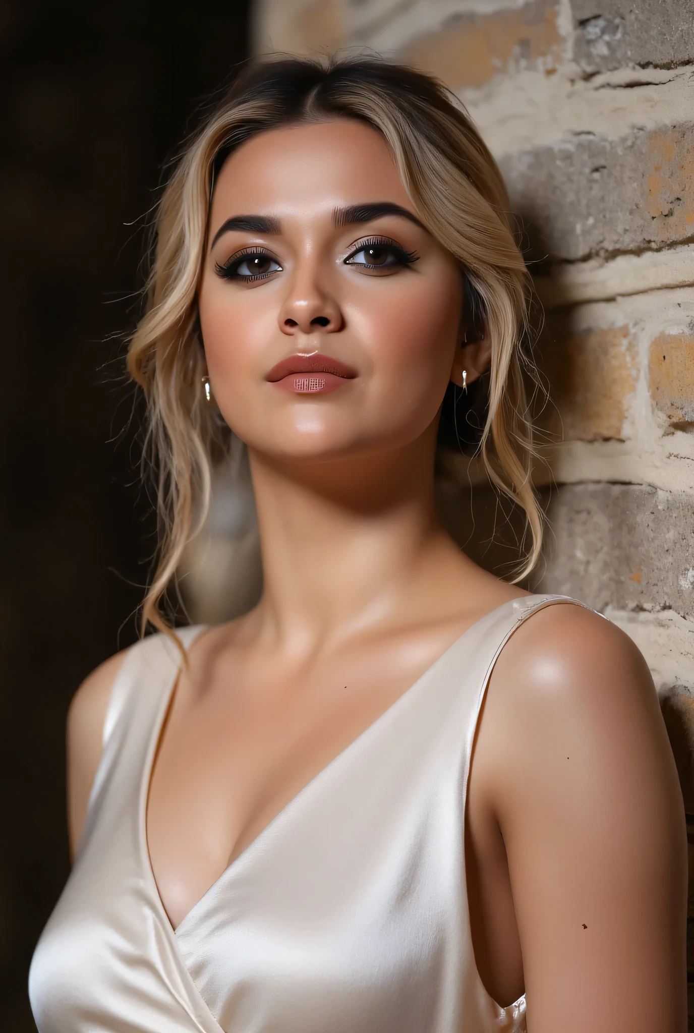 3/4 shot, photograph of, a woman with long hair and messy blonde highlights, wearing a loose low cut silk summer dress, (busty:1.1), leaning up against an ancient stone wall, ancient ruins, masterpiece, UHD, natural light, realistic