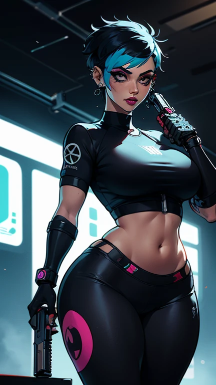 Bodybuilding ladies，big cuvy hips，closeup cleavage，Fisheye lens effect，cyber punk style，Holding a double knife，Battle Ninja