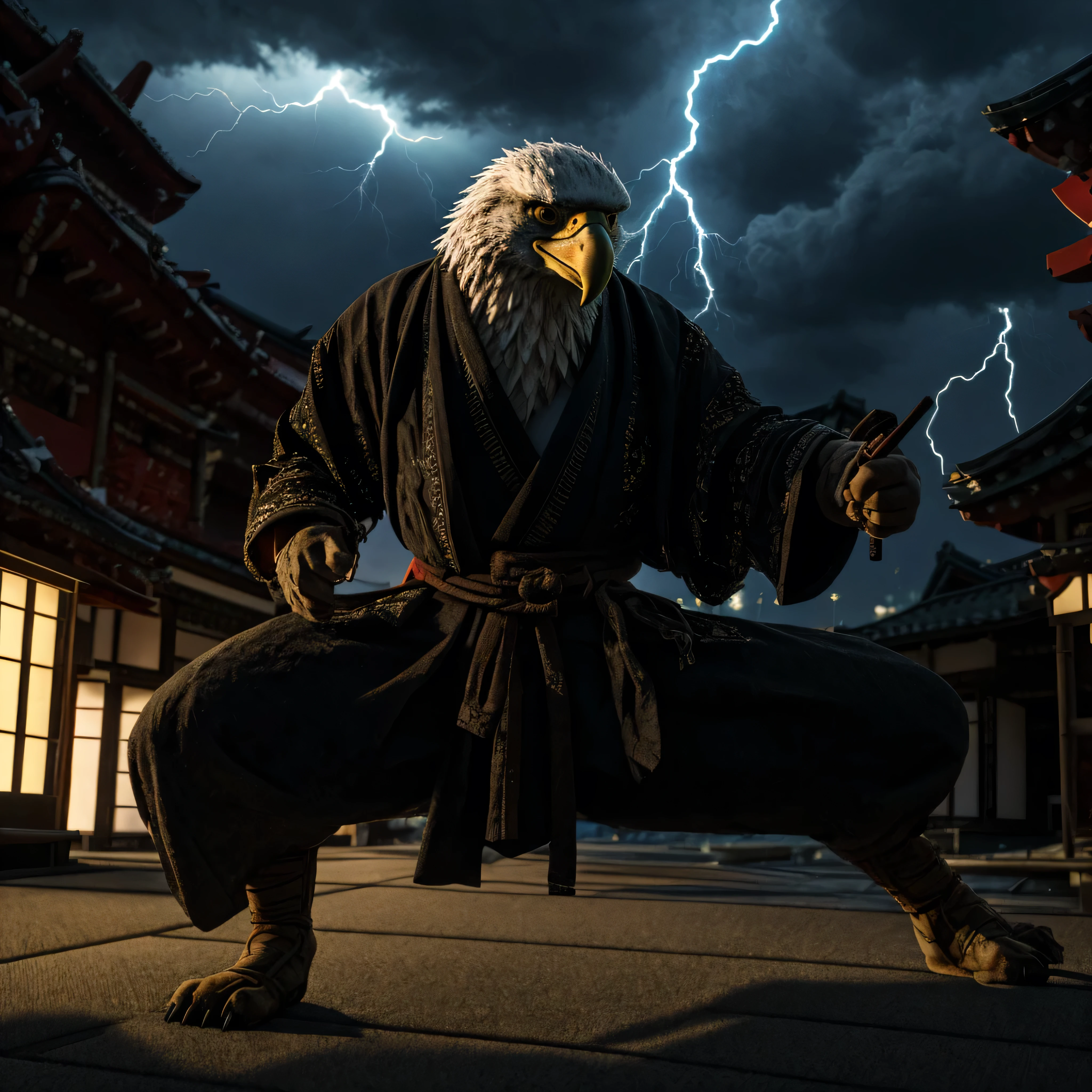photorealistic, medium shot : an antropomorphic Eagle, Samurai Style, in Japan. cinematic color grading, dramatic lightning,