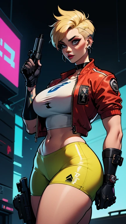 (KomiShouko), (masterpiece), best quality, expressive eyes, perfect face, highres, (8k), (perfect face), (ultra details), 1 girl, solo, large breasts, terry bogard girl, blonde hair, twintails, purple eyes, long hair, baseball cap, fingerless gloves, denim shorts, shoes, blushing, frightened, anguished, open-mouthed, room background, no posing, standing, portrait, looking herself
