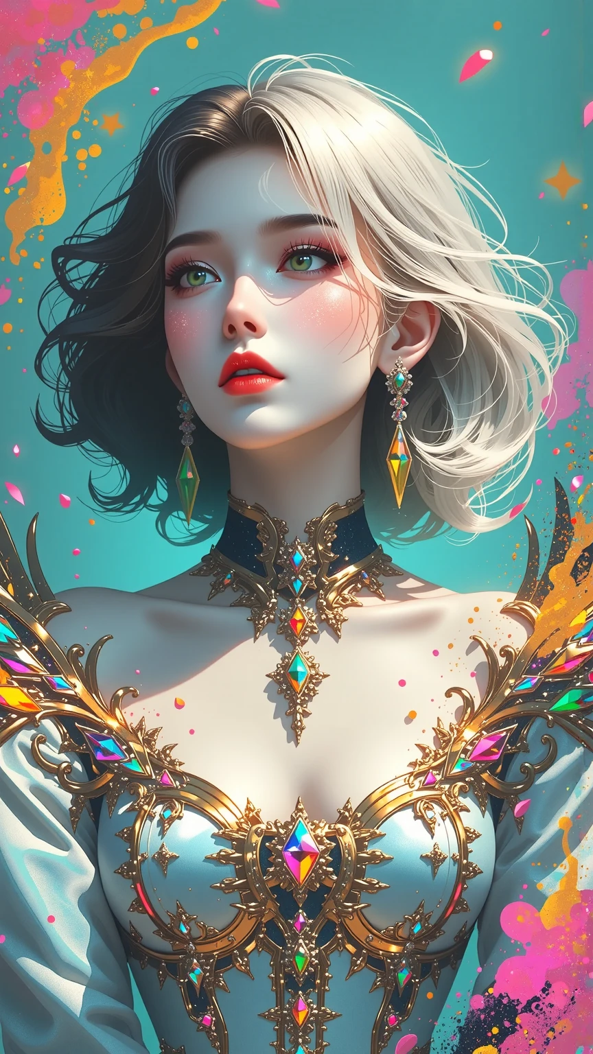 realistic, masterpiece, top quality, best quality, official art, beautiful and aesthetic,huge breast,Beautiful breast,extremely detailed,fractal art,colorful,highest detailed,zentangle,abstract background 1girl, birds,silver hair, bright eyes,hair slicked back, short hair, black robe,
