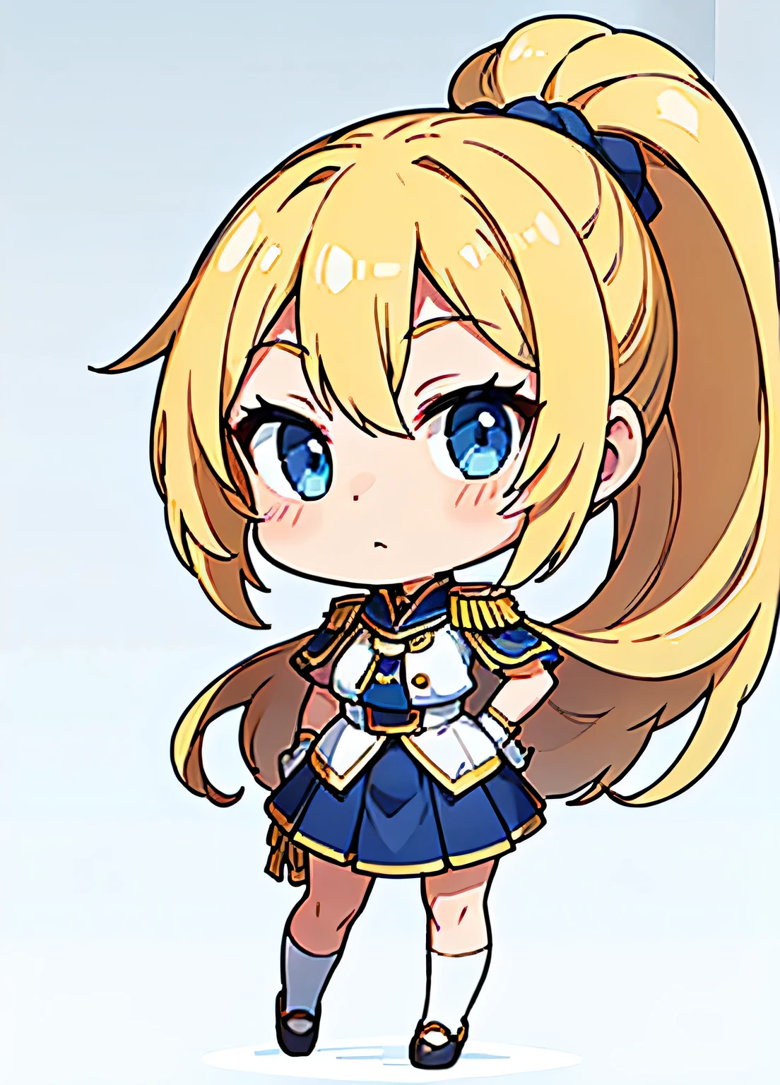 "Chibi-style anime character, blonde hair tied in a high ponytail, wearing a formal military uniform with gold accents and a short blue skirt, white blouse with navy details, epaulets on shoulders, and a flowing cape, large expressive blue eyes, expressionless face, standing straight and facing forward, legs closed, full-body view, pure white background, detailed and vibrant colors"