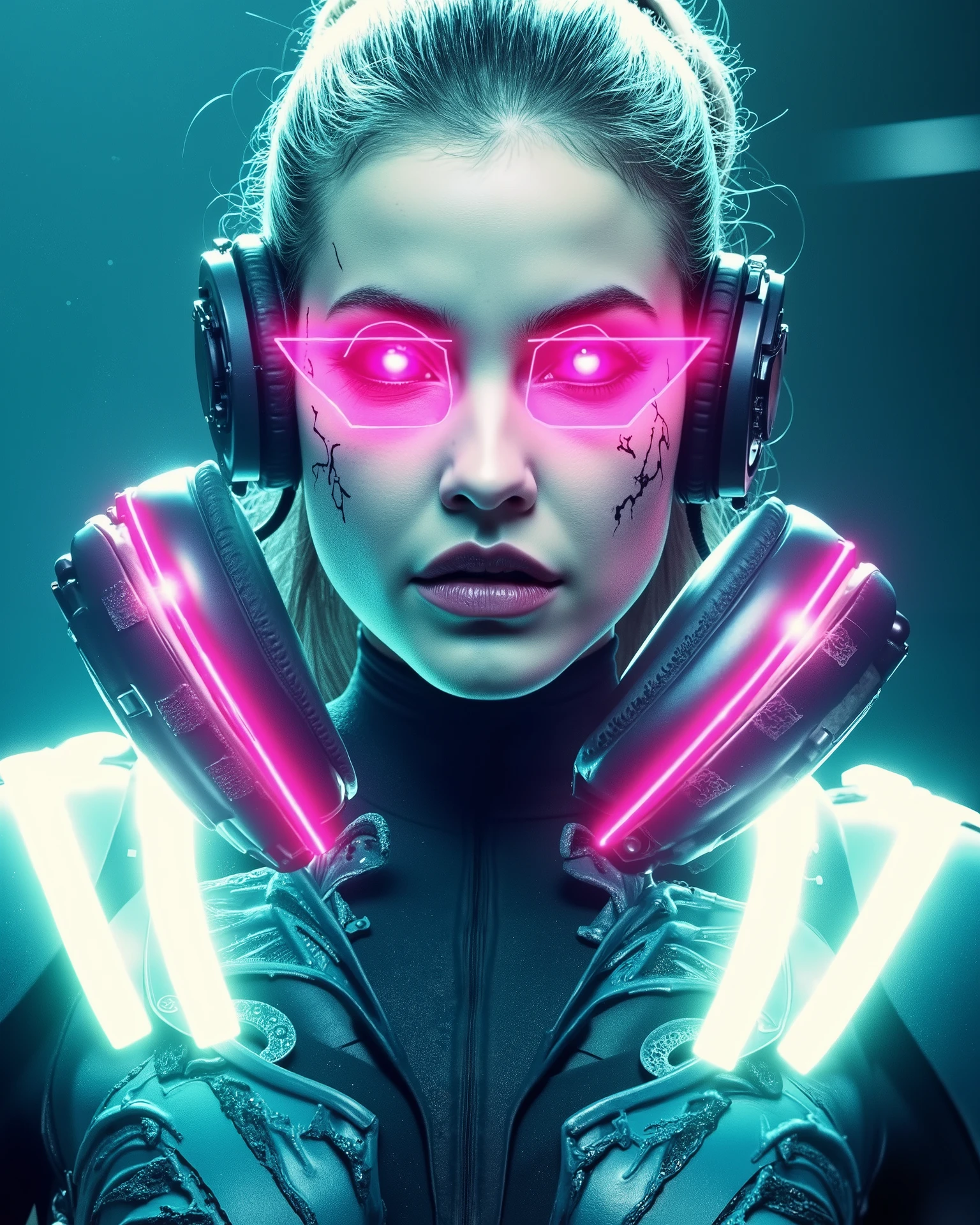 A woman in a futuristic suit with a face paint and headphones