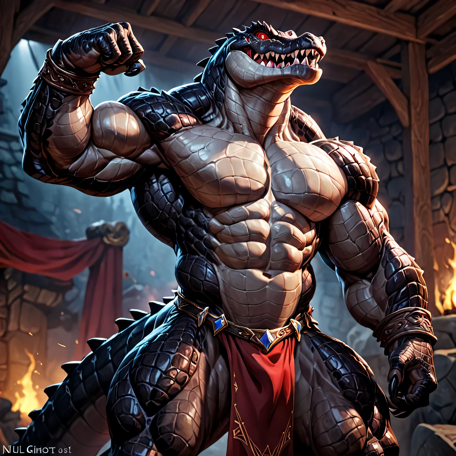 solo, anthro, furry male, ultra details, T-Rex, ((ultra detailed muscles)), (T-Rex print), black scales, white belly, black spiny scales, bedroom, standing up, muscle pose, front double biceps pose, bodyguard outfit, black claws, red eyes, slit eyes, slim fit, muscular slim, menacing, handsome, flirt, ultra detailed slit eyes, pecs, hind leg, tail, looking at viewer, (Masterpiece, by null-ghost, ultra hi-res, 8k), naked torso , black loincloth, oil stain, front pov,
