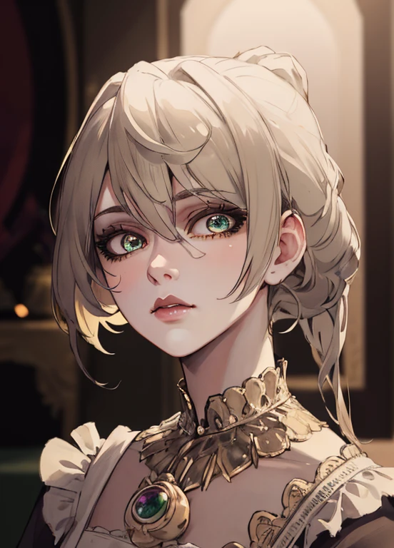 pscore_9, score_8_up, score_7_up, score_6_up, maid, smile, short hair, blonde_hair, blue eyes, cleavage, huge_breasts, narrow_waist, wide_hips, thick_thighs, 1girl detailed surroundings, little details, hyperdetailed, 4k, high quality, masterpiece, detailed face, beautiful eyes, shadow play,