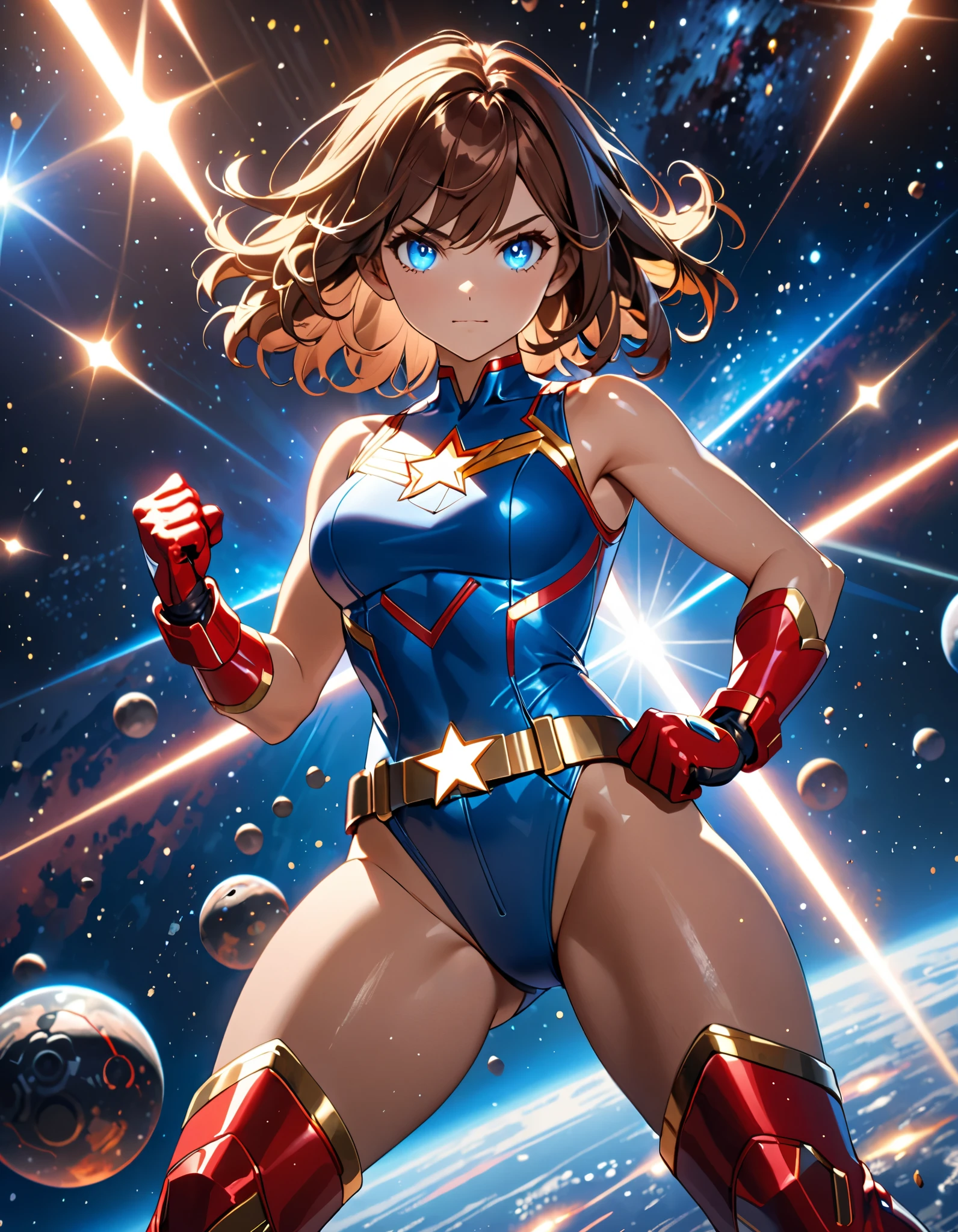 (best quality), (masterpiece), (highres), 1girl, solo, solo focus, leotard, bare legs, standing, heroic pose, boots, gloves, space background, cinematic lighting, fast spin