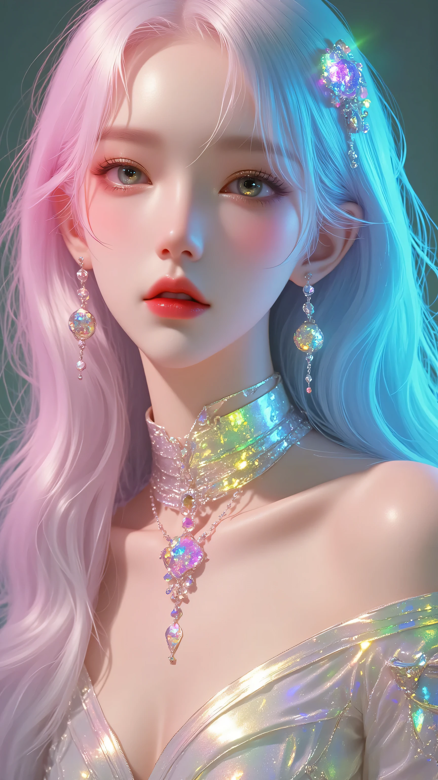 80’s glam rock makeup on shiny face, asian girl, anime, 2.5D, moody lighting, (green, pink, gold), pretty, sexy, minimal, sleek, slender, asian, elegant, futuristic, retro, sophisticated half human half machine, Kizi,(eyes looking off to side), Highly detailed, Amazing work,Vitreous luster, blues, yellows, Best quality at best,shiny skin, no background, colorful background, green background, pink background, gold, background, plunging neckline, sexy pose, dynamic pose, heavy blushing, huge breasts, colorful, color splash, neon colors, colorful background, abstract background, ethereal, glitter,