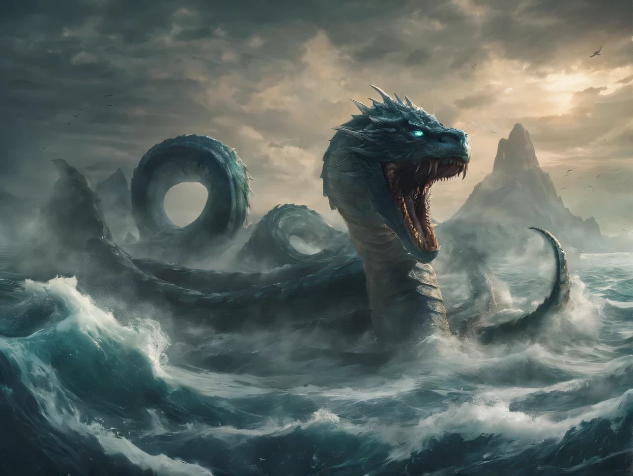 A terrifying and colossal creature named 'Thunder Serpent,' in the act of preying on its catch in a stormy sea. The Thunder Serpent, a 15-meter-long giant serpent with glossy, silver scales that flash like lightning, is depicted coiling around a large sea creature, possibly a whale or a giant squid. Its sharp fins glow with absorbed lightning energy, and its yellow eyes shine with a fierce intensity. The scene is set amidst a raging storm, with dark clouds, crashing waves, and flashes of lightning illuminating the serpent's powerful and fearsome form as it tightens its grip around its prey. The atmosphere is electrified and intense, capturing the raw power and predatory nature of the Thunder Serpent in its natural, chaotic environment.