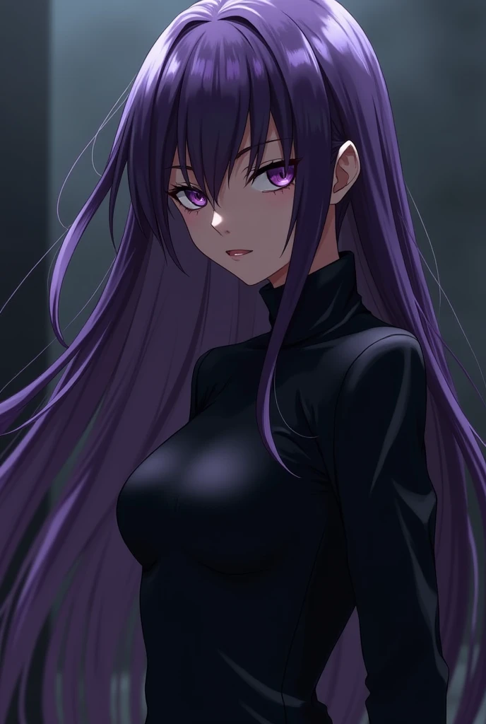 Style de l’anime my hero academia. White anti-hero woman with long wavy purple hair and gray eyes.