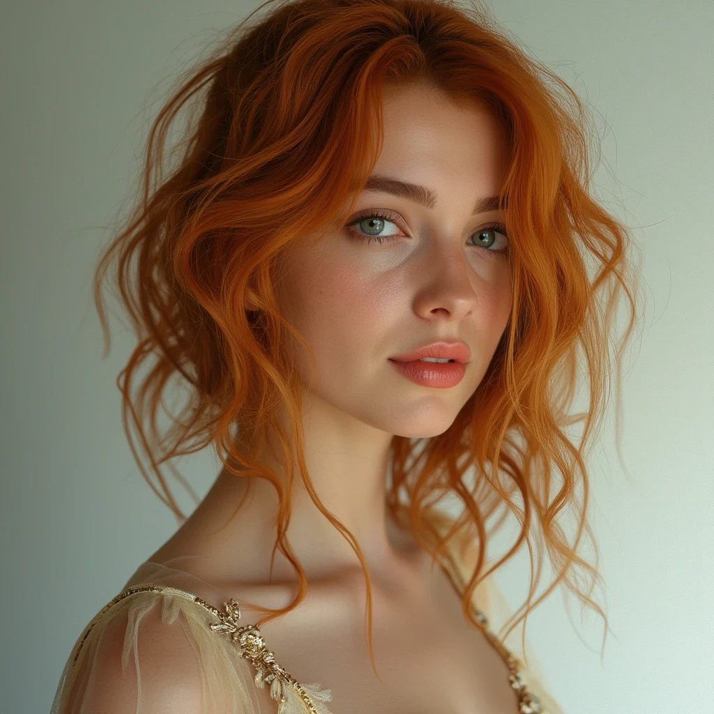 portrait of a beautiful teenager, small breasts, intricate dress, soft smile, red lips, ginger hair, green eyes, realism, digital painting, concept art, smooth, sharp focus, rule of thirds, Style-Psycho