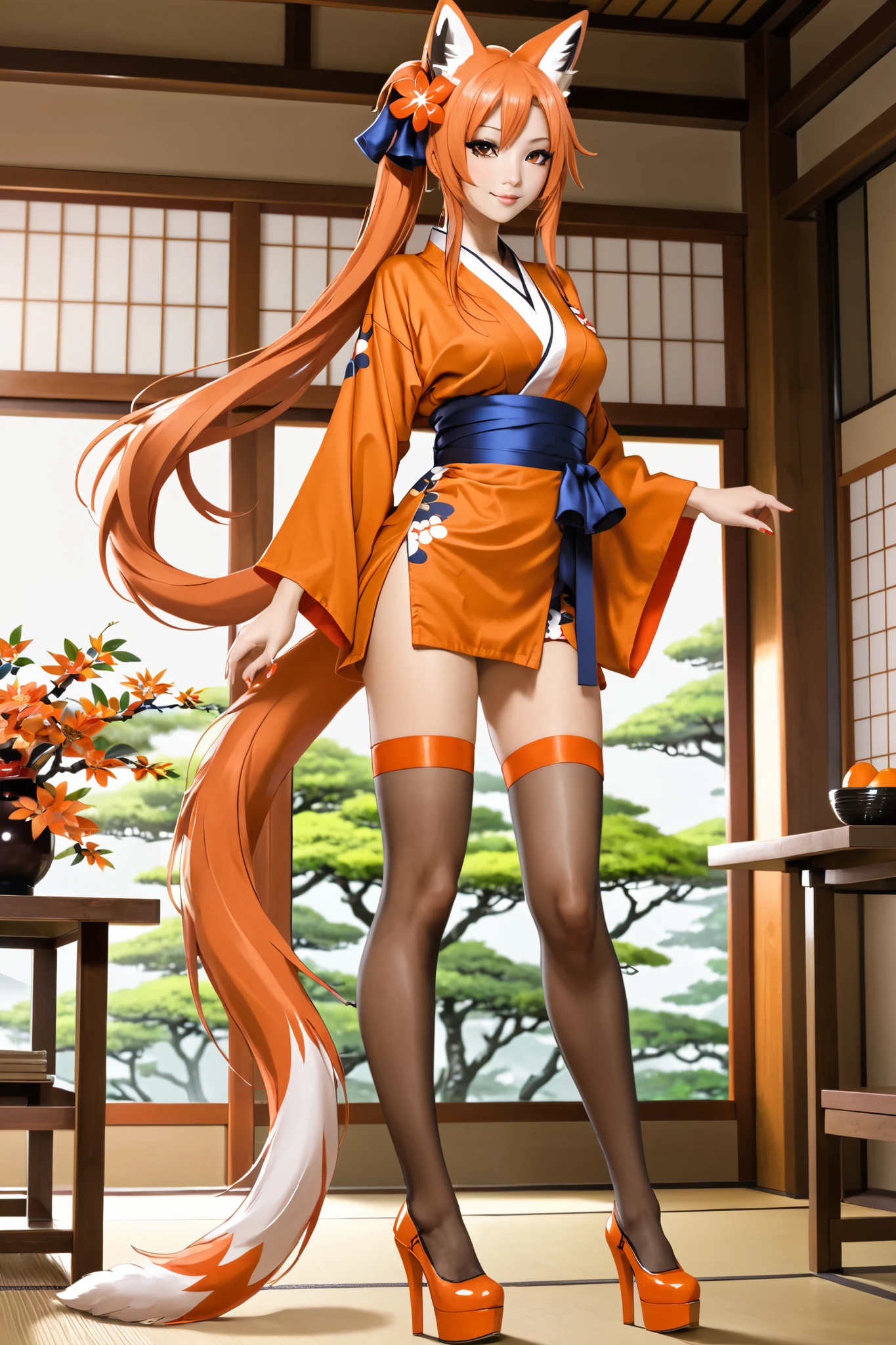 ((((absurdres, high res, ultrasharp, 8K, masterpiece)))), cute, sexy and seductive girl, (18 years old girl), tall, (((with very long orange hair, blue eyes, longeyelashes, rolling eyes, pupils sparkling, straight hair, fox ears and fox tail))), ((sidelocks)), (((perfect face))), (nervous smile), (blush), big sized breasts, (((wearing a white and orange kimono, white stockings and tall japanese sandals))), in a japanese temple