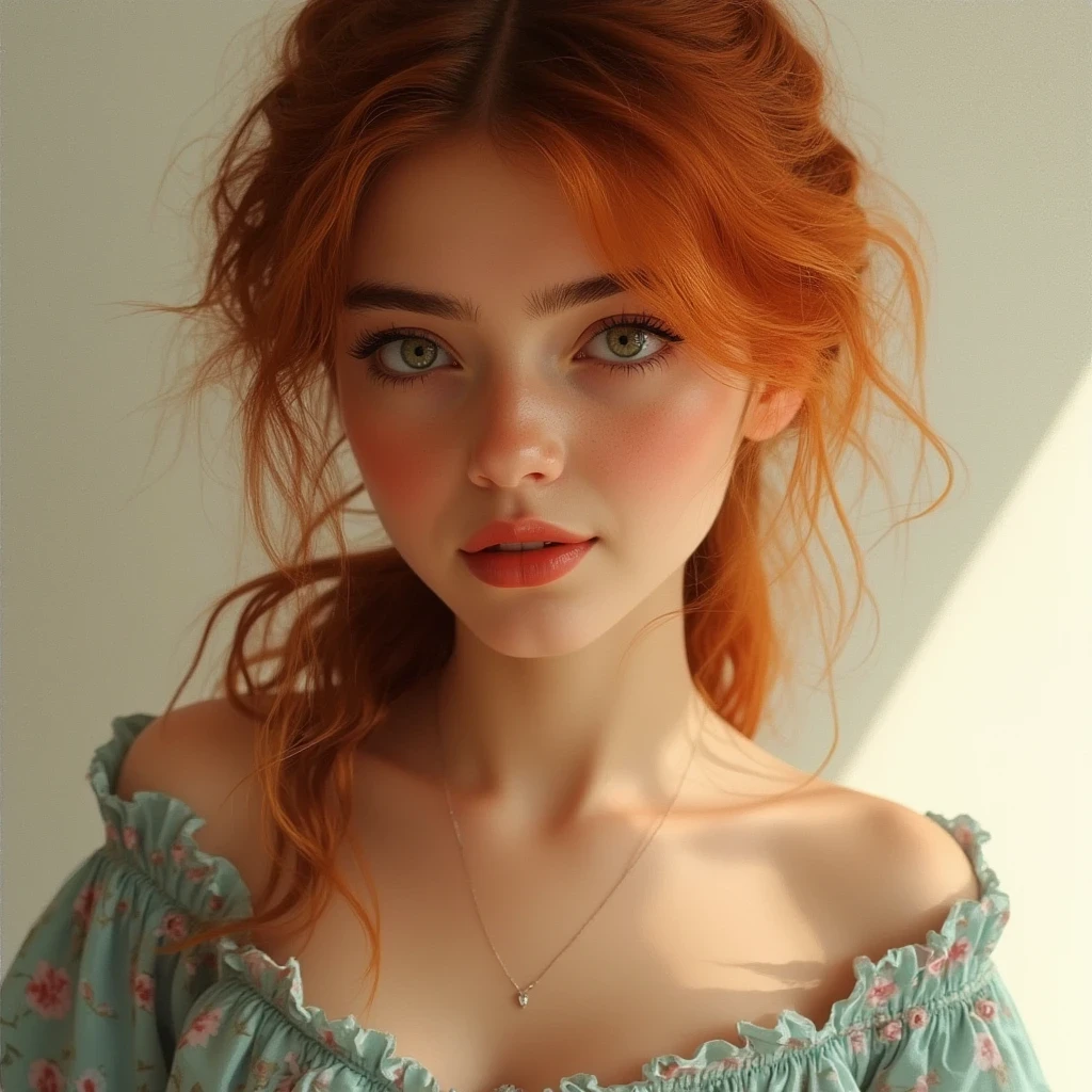 portrait of a beautiful ager, small breasts, intricate dress, soft smile, red lips, ginger hair, green eyes, realism, digital painting, concept art, smooth, sharp focus, rule of thirds, Style-Psycho