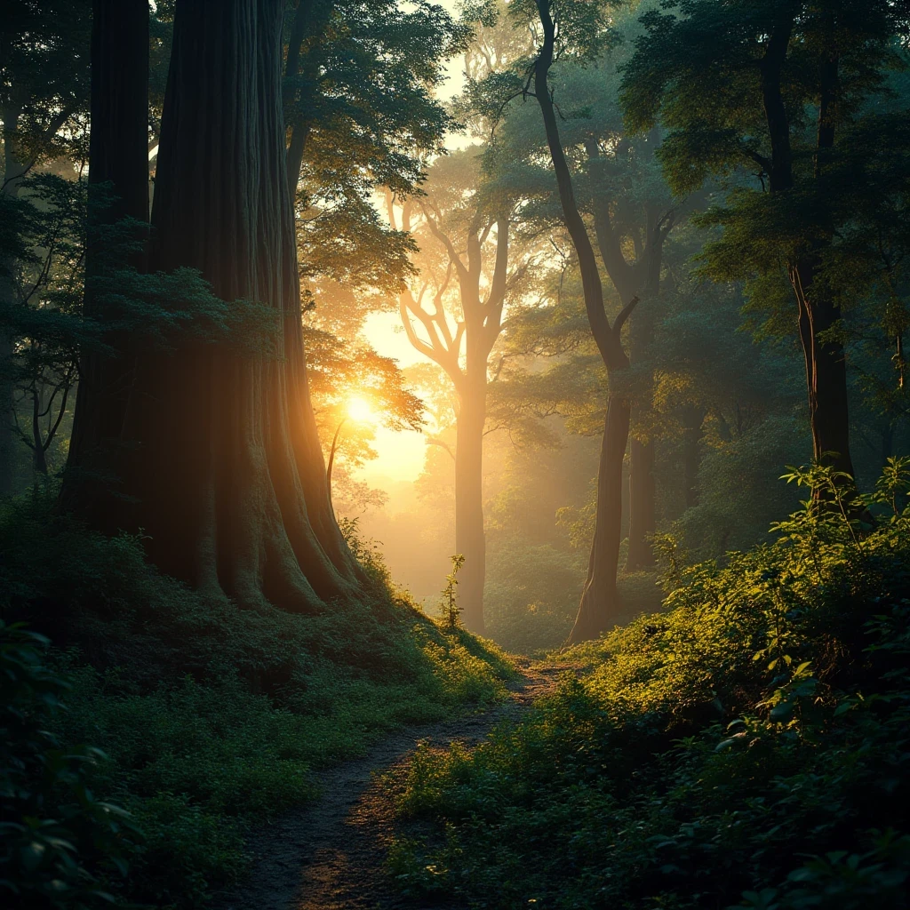 Create an awe-inspiring digital artwork that captures the serene beauty of an ancient forest at twilight. The scene should feature towering trees bathed in soft, golden light filtering through the foliage, casting gentle shadows on the lush undergrowth. The image should evoke a sense of tranquility and wonder, inviting viewers to immerse themselves in the enchanting realm of nature.