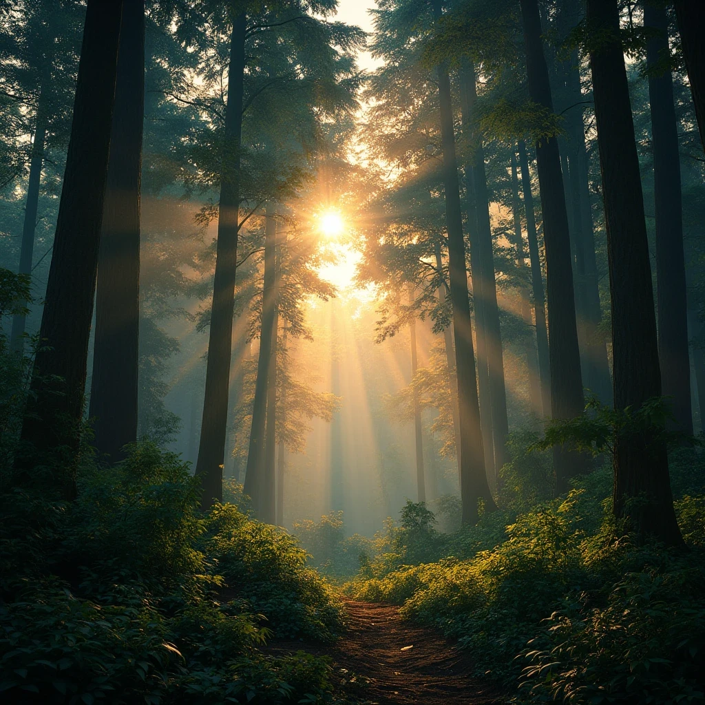 Create an awe-inspiring digital artwork that captures the serene beauty of an ancient forest at twilight. The scene should feature towering trees bathed in soft, golden light filtering through the foliage, casting gentle shadows on the lush undergrowth. The image should evoke a sense of tranquility and wonder, inviting viewers to immerse themselves in the enchanting realm of nature.