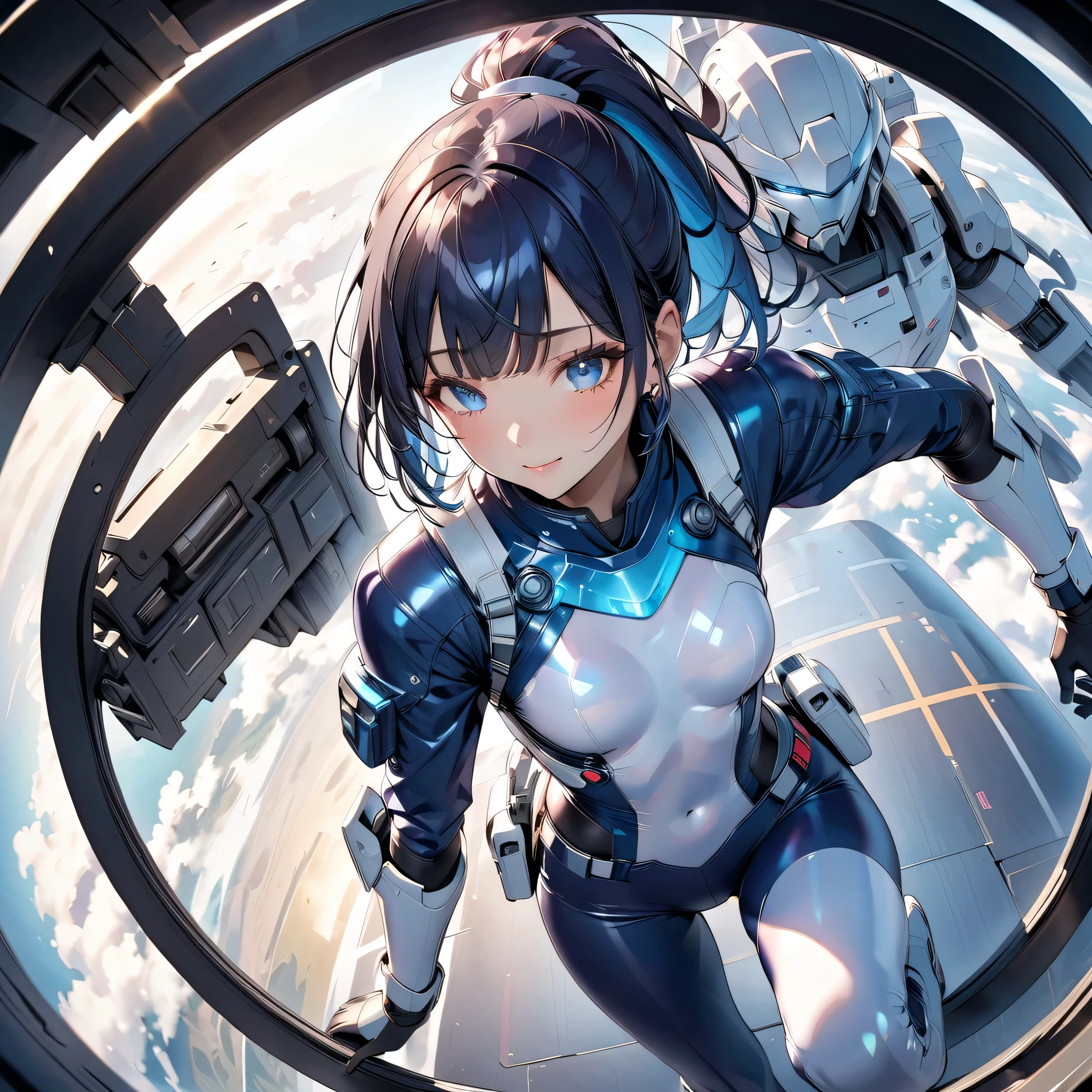 (( Holographic Gloss Effect)),(Masterpiece、 best quality 、 highest resolution、 clear _ images、 Detailed Details 、 The angle is from above ): (Alone、 One Girl、The Face of Japan、 High Ponytail 、Dark Blue Haired Girl 、 small breasts、( perfect body:1.4)、 Sparkling blue eyes 、( White and Navy Shiny Clothes 、White and navy bodysuit、 White and Navy Blue Tight Clothes 、 Wear White and Navy Full Coverage 、 White and Navy Thigh Covering Pants 、 white and navy shoulder cover outfit、 White and Navy Cropped Jacket 、 White and Navy Shiny Clothes 、Dark blue tight-fitting pants that hide the legs、 'Attracts the skin、Clothes that hide the skin、Armor to hide the chest)、 so delicate and beautiful、 detailed skin、 slender body、 exoskeleton 、 is cute 、 Gentle Smile 、 kind expression、 hero ine、White and navy long boots、 elbow length gloves )、Ms cockpit, cockpit,Fantasy ,Romance, action, Sci-fi ,TEEROR , Comic ,NFWS, hero ,Mecha,Mechanical,Machine,cartoon,Polished floor,PEAnimeBG,Background,anime,scenery,there