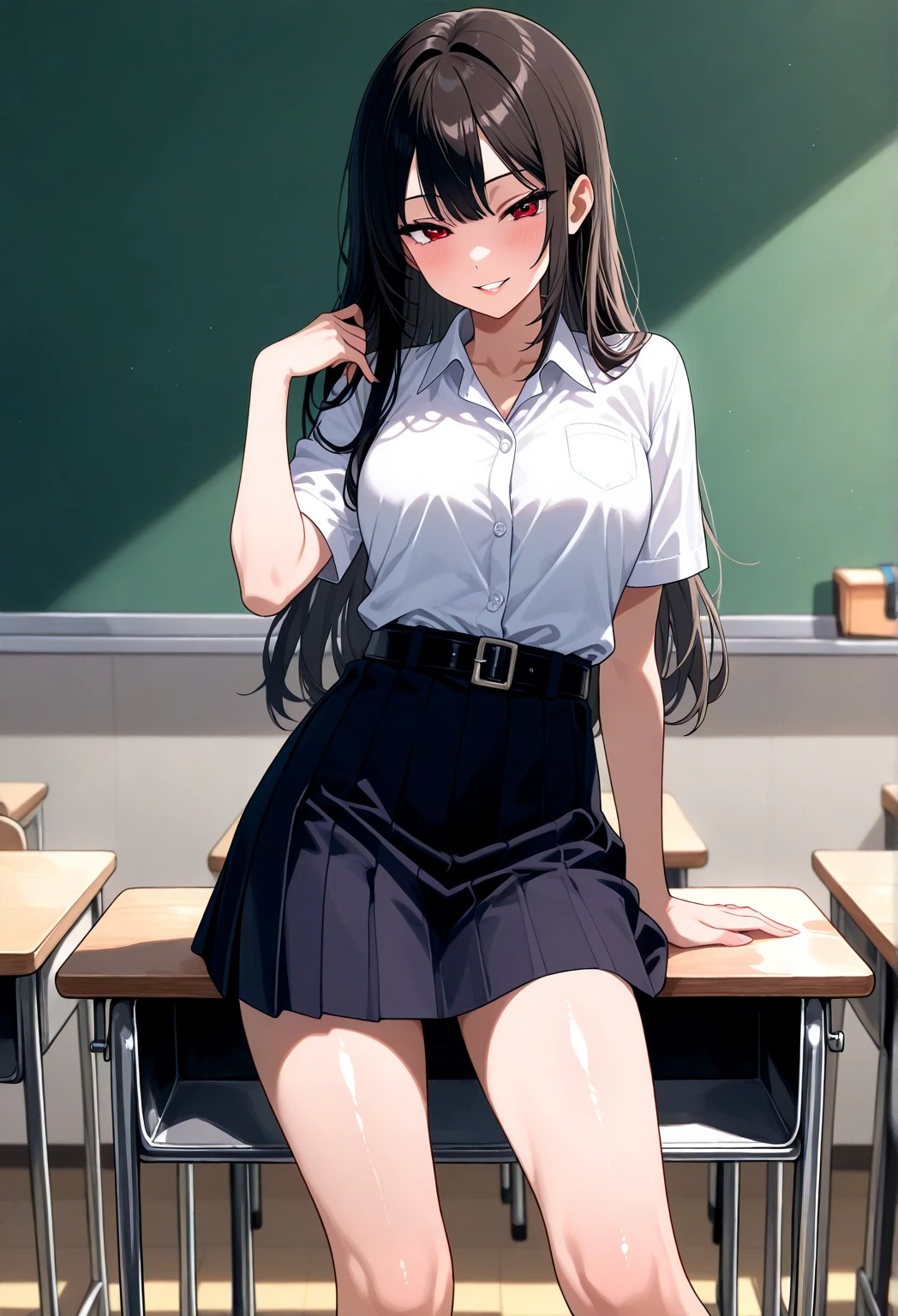{{{masterpiece}}}, {{{best quality}}}, {{ultra-detailed}}, {illustration}, {{an extremely delicate and beautiful}}, (beautiful detailed eyes:1.6), extremely detailed face, 16k, anime face, Yamada Anna(Boku no Kokoro no Yabai Yatsu), aaanna, cute face, long hair, black hair, brown eyes, flushed cheeks, large breasts, thin waist, big hips, curvaceous, tall woman, BREAK, collarbone, collared shirt,white shirt, purple sweater, blue jacket, blazer, open jacket, long sleeves, pleated skirt, blue skirt, miniskirt, BREAK, kyoushitsu, classroom, indoors, school chair, school desk, chalkboard, window, ceiling light, curtains, jump, jumping, smiling, peer in from below, looking at viewer, daytime