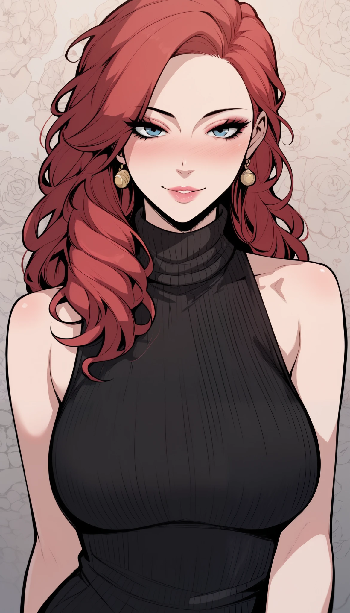 score_9, score_8_up, score_7_up, score_6_up, score_5_up, score_4_up, BREAK 1girl, intricate, making a cute pout in love, slightly drunk, black wool sweater, turtleneck, sleeveless, seductive neckline, Yakuza outfit, (eyeliner:1.2), looking at viewer, red-haired hair, blue eyes, long hair, pink lips , pale skin, jewelry, detailed background, big breasts (masterpiece, high quality:1), in the apartment hallway, voluptuous body, mature woman