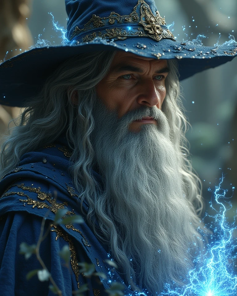 a Gandalf-like wizard smoking a pipe with lots of smoke and a psychedelic background