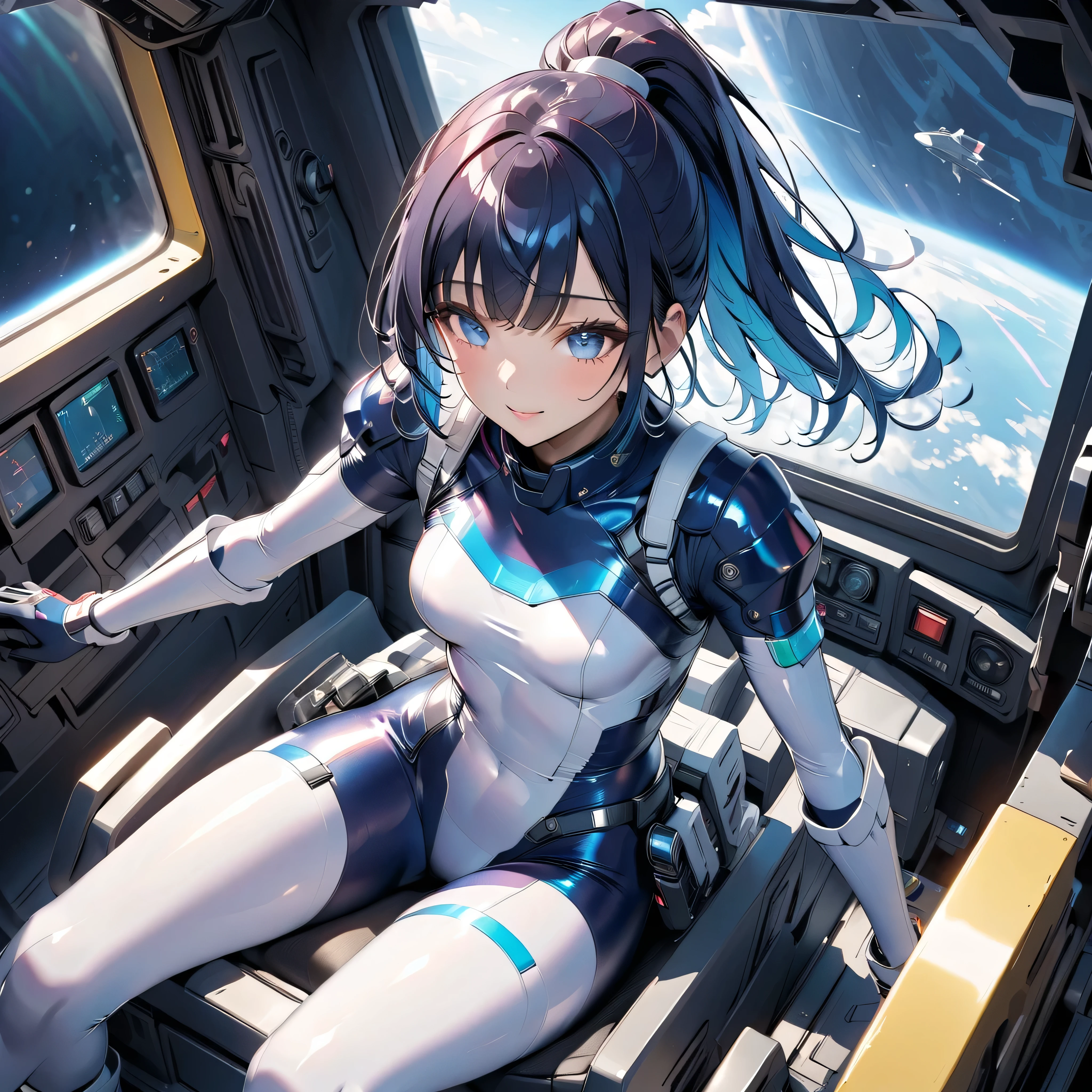 ((Female pilot in the cockpit of a reconnaissance plane), (airplane cockpit), (in flight), (10000 feet altitude)、(sky view):1.7),, short hair, street, emo, BLACK hair, white eyes, eyeliner, apocalypse, girl, nside the (cockpit:1.9) of a (futuristic spaceship:1.6), , blush,sitting on a chair, covered navel, space helmet, muvluv, space helm, plug suit , space helmet, eva helm, space suit, short hair,