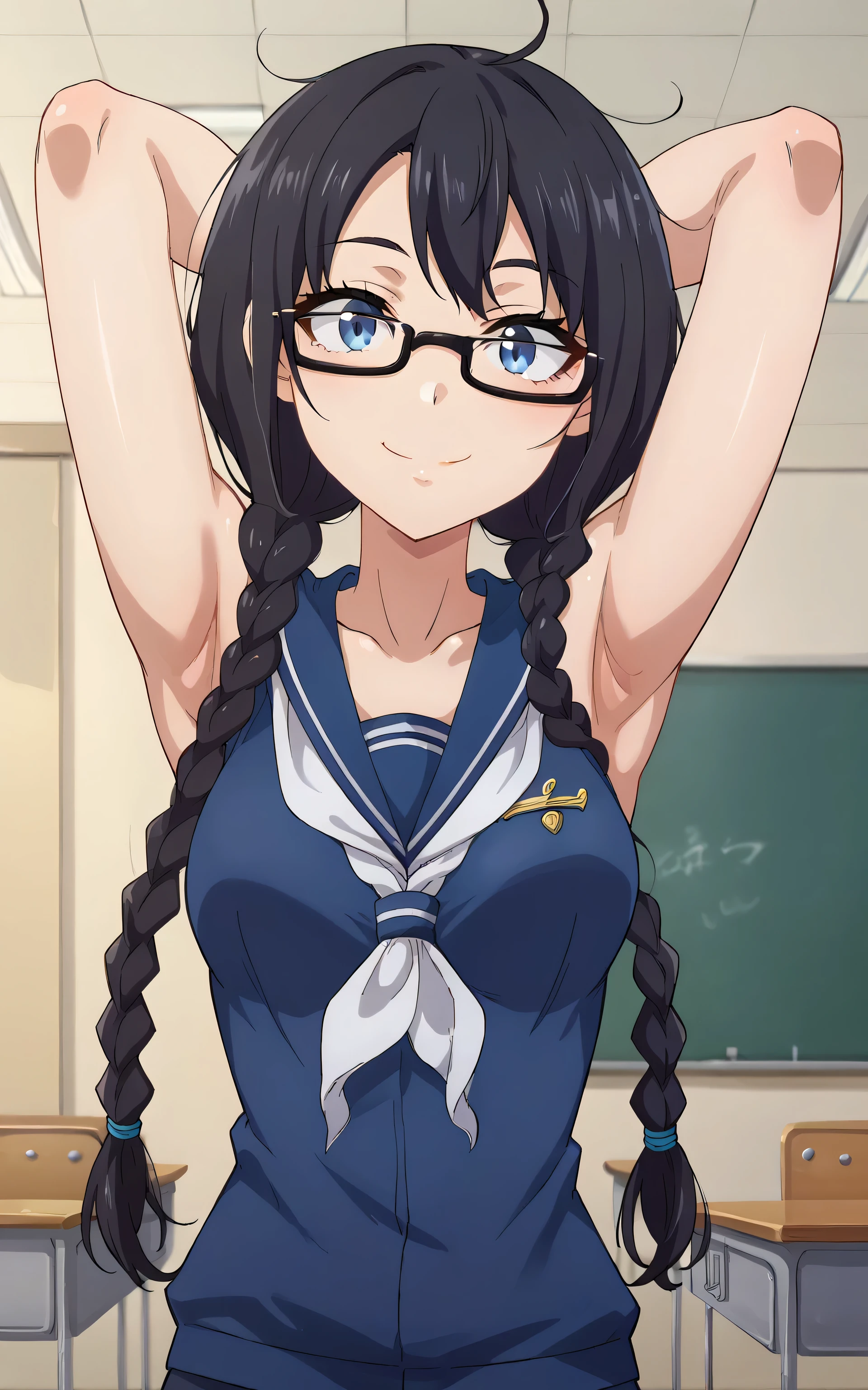 score_9, score_8_up, score_7_up, source_anime, anime screencap, 1girl, solo, defSaki, blue eyes, black hair, twin braids, hair over shoulders, glasses, navy blue shirt, serafuku, white neckkerchief, sleeveless, bare shoulders, bare arms, arms behind head, armpits, head towards viewer, smile, closed mouth, badhandv4, medium breasts, indoors, school, classroom