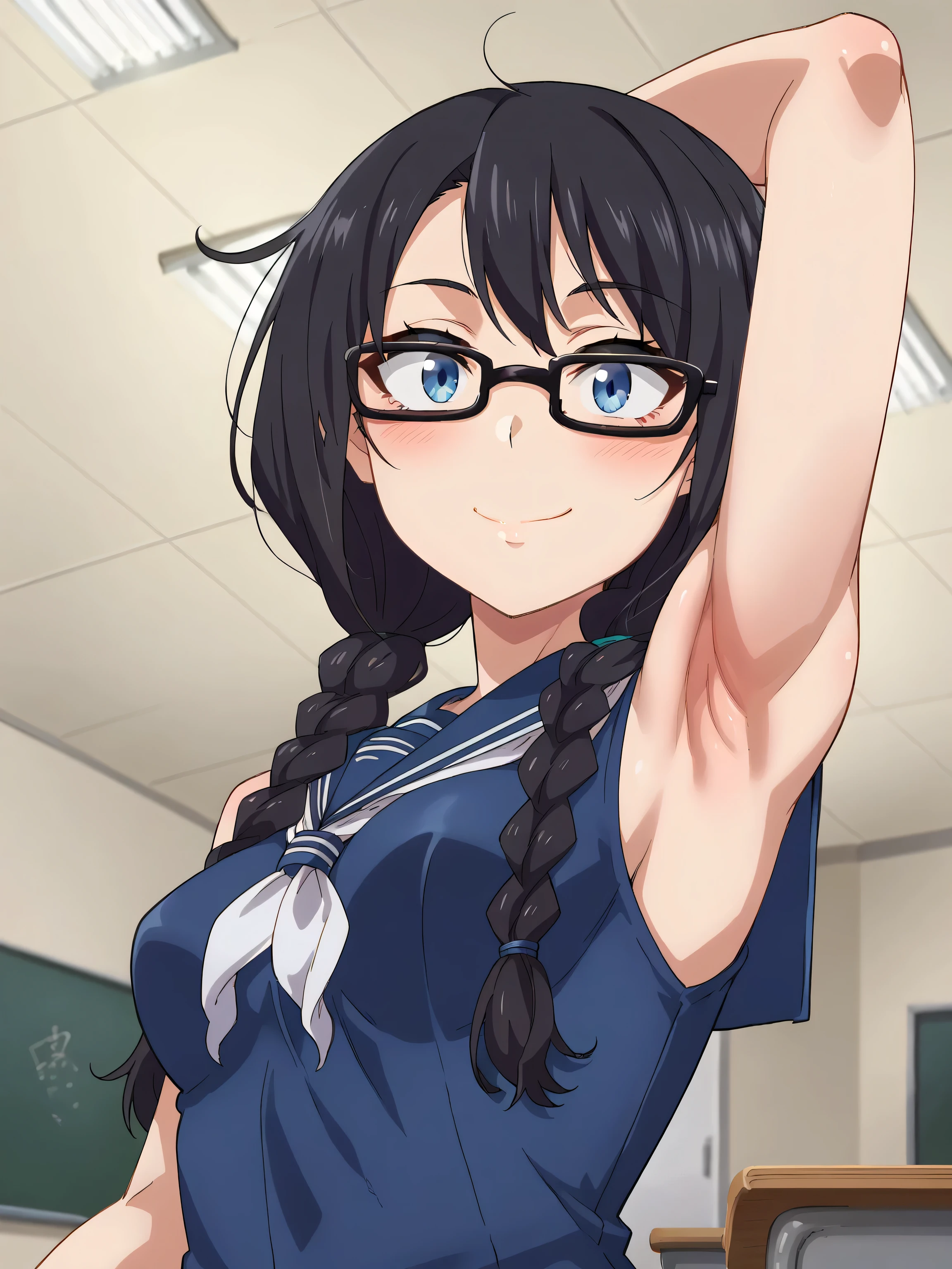 score_9, score_8_up, score_7_up, source_anime, anime screencap, 1girl, solo, defSaki, blue eyes, black hair, twin braids, hair over shoulders, glasses, navy blue shirt, serafuku, white neckkerchief, sleeveless, bare shoulders, bare arms, arm behind head, armpit, head towards viewer, smile, closed mouth, badhandv4, medium breasts, indoors, school, classroom, from side, from below, blush 