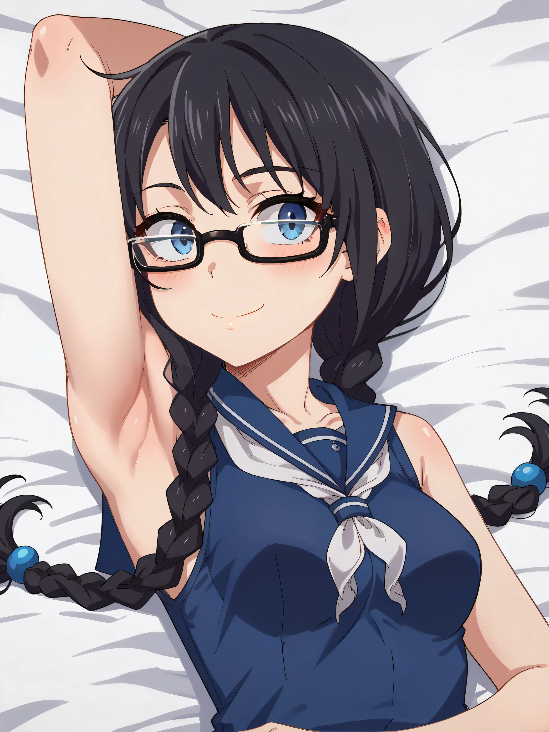 score_9, score_8_up, score_7_up, source_anime, anime screencap, 1girl, solo, defSaki, blue eyes, black hair, twin braids, hair over shoulders, glasses, navy blue shirt, serafuku, white neckkerchief, sleeveless, bare shoulders, bare arms, arm behind head, armpit, head towards viewer, smile, closed mouth, badhandv4, medium breasts, from side, blush, lying in bed