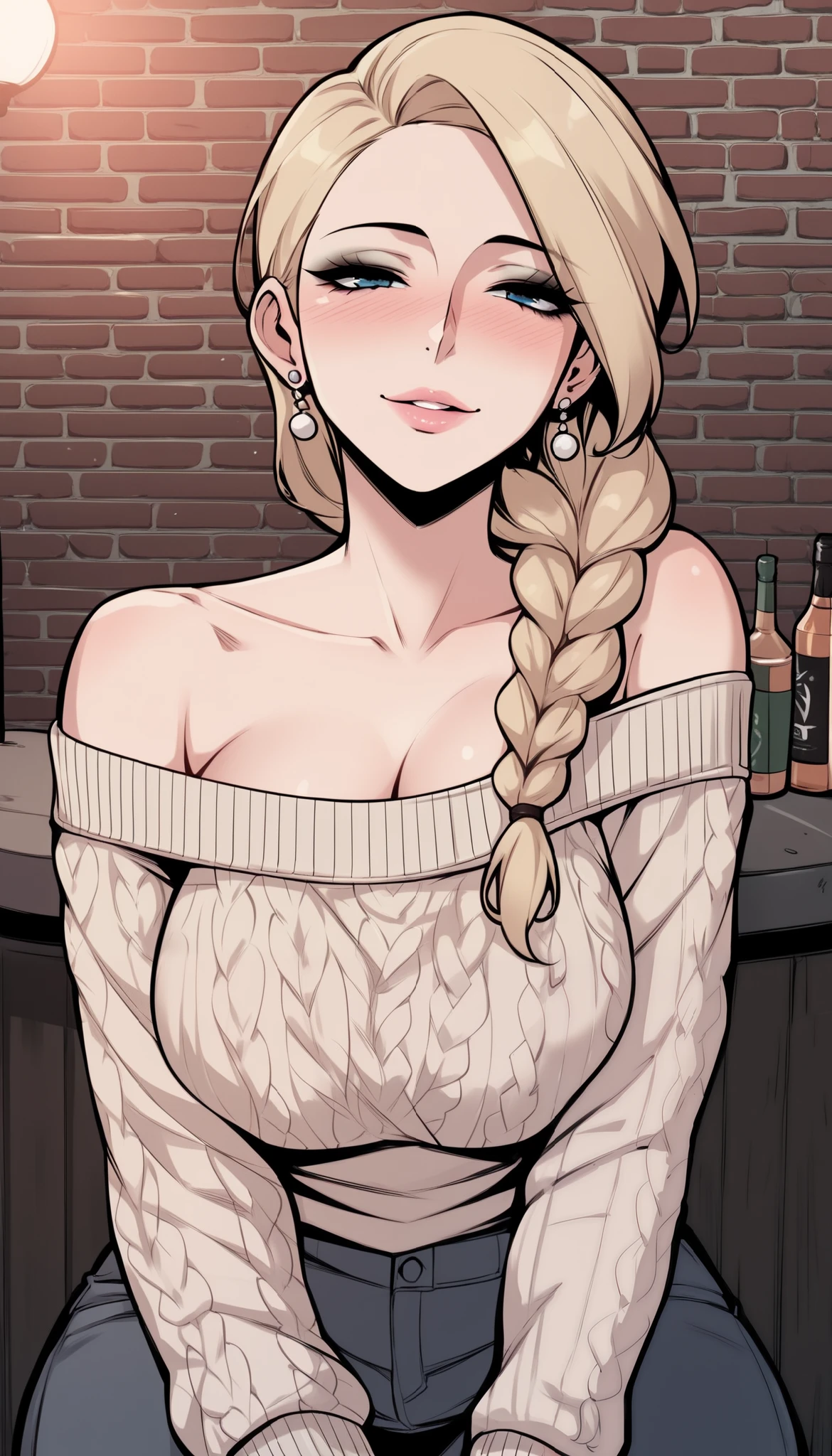 score_9, score_8_up, score_7_up, score_6_up, score_5_up, score_4_up, BREAK 1girl, intricate, making a cute pout in love, slightly drunk, white wool sweater, off the shoulders, seductive neckline, Yakuza outfit, (eyeliner:1.2), looking at viewer, blonde hair, long braid, blue eyes, long hair, pink lips , pale skin, jewelry, detailed background, big breasts (masterpiece, high quality:1), bar, counter, alley, bar exit, gloomy lighting, voluptuous body, mature woman
