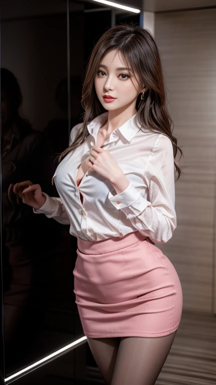 Superb image quality, 8k, masterpiece:1.3, full body, long legs, focal length: 1.2, perfect body beauty: 1.4, slim abs: 1.1, dark brown hair, white shirt, pink suit, pink tight skirt, white suspender stockings, standing: 1.2, city night view, highly detailed facial and skin texture, detailed eyes, double eyelids, hyper-realistic, ultra-realistic