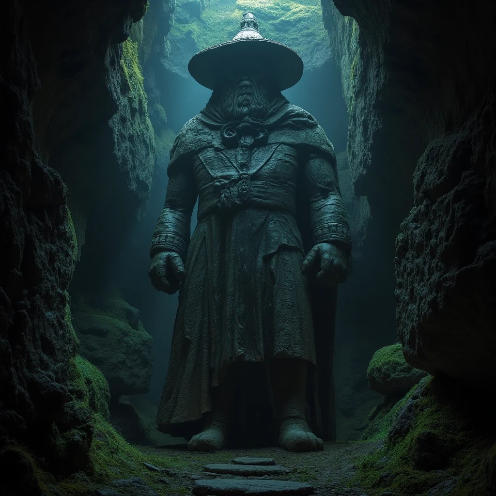 there is a statue of a man in a hat in a cave, cinematic cgsociety, in the art style of quetzecoatl, still image from the movie, giant head statue ruins, inspired by Karel Dujardin, inca themed smooth, travel ad, the witness