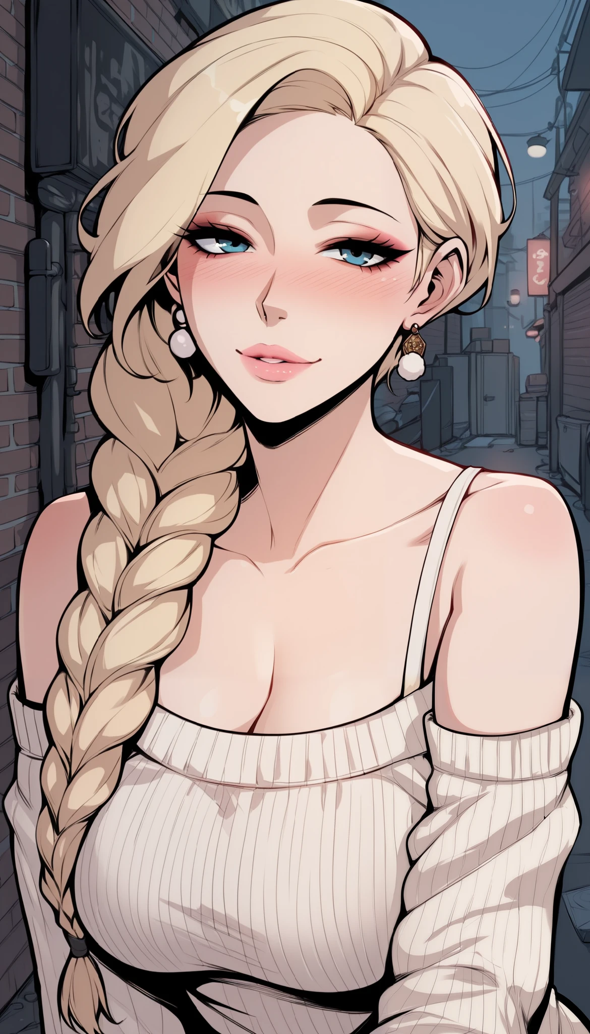 score_9, score_8_up, score_7_up, score_6_up, score_5_up, score_4_up, BREAK 1girl, intricate, making a cute pout in love, slightly drunk, white wool sweater, off the shoulders, seductive neckline, Yakuza outfit, (eyeliner:1.2), looking at viewer, blonde hair, long braid, blue eyes, long hair, pink lips , pale skin, jewelry, detailed background, big breasts (masterpiece, high quality:1), alley, bar exit, gloomy lighting, voluptuous body, mature woman