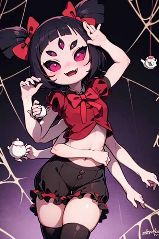 ((((1boy)))), ((thick eyebrows)), fangs, green eyes, ((red and black lingerie)), black hair, chubby, double tooth, (((bear ears))), embarrassed face,messy hair,cowgirl position, squatting, ((spread legs)),(((bangs parted on the right side)))