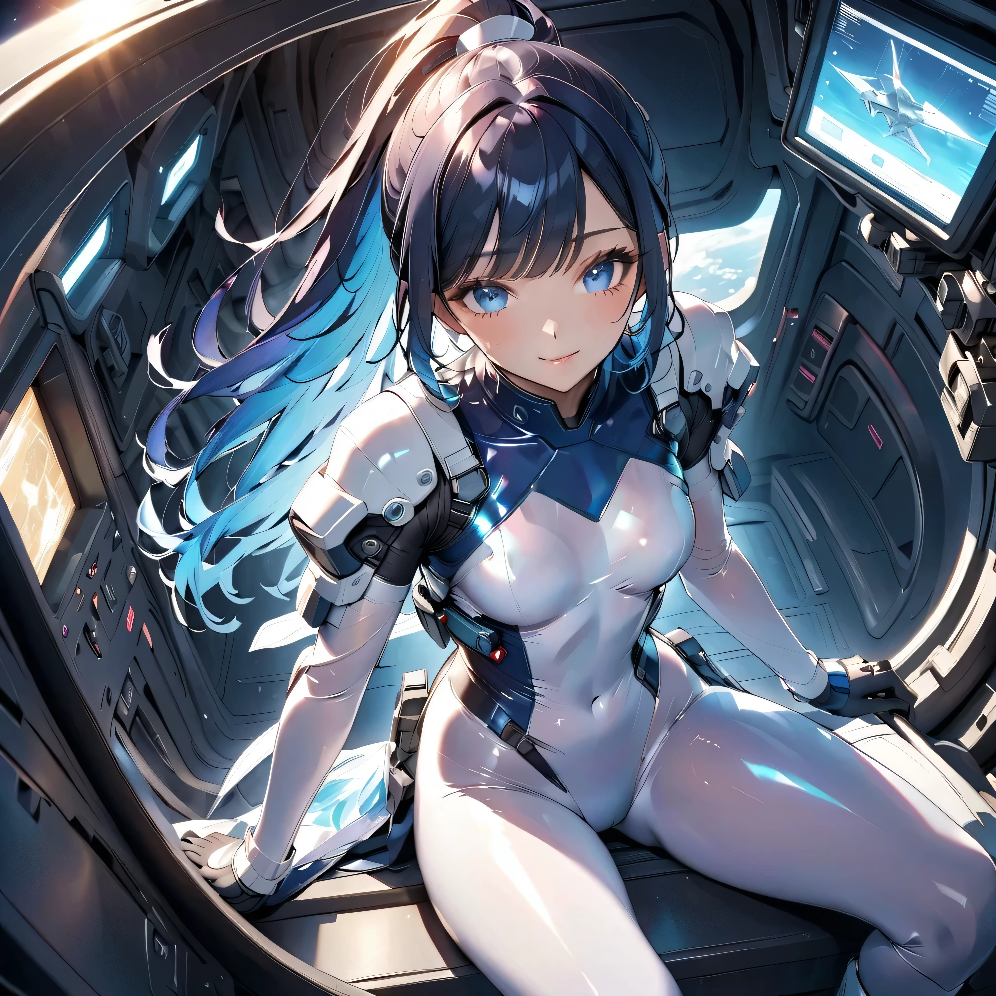 (maximum resolution: 1.2), (ultra high definition:1.2), cinema light, 8K resolution, fine eyes and skin, detailed face, perfect style, cute face, Accurate, anatomically correct, Highly detailed face and skin texture, beautiful and meticulous droopy eyes, 23 years old, (black hair:1.5), long hair, parted bangs, blue eyes, (white hairband:1.5), (long sleeves one-piece patternless dark cyan shirt:1.5), (armpit:1.5), (tights:1.2), (cameltoe:1.5), (boots:1.5), sitting on the chair, (in the universe:1.5),