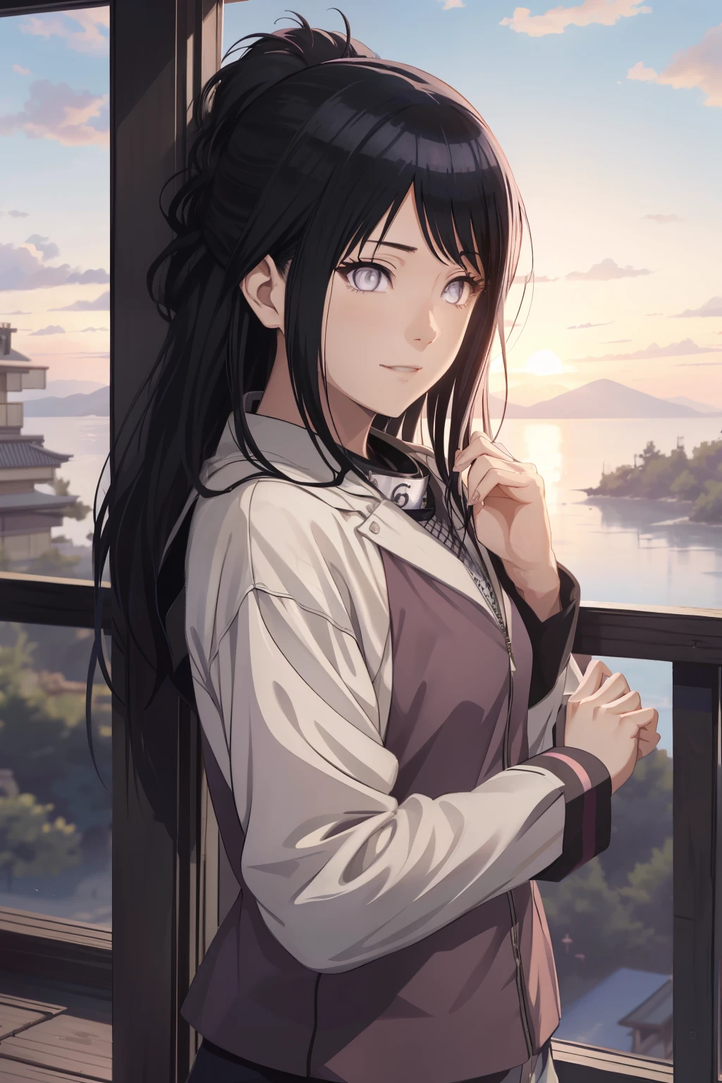 an hiperealistic shot of hinata(shippuden), ((hiori kazano)), idolmaster, Detailed eyes, long hair, ponytail, half updo, hair ornament,, (sweet woman), manwha style, ((happy)), ((sweet)), ((delicated)), sunset, without bandana